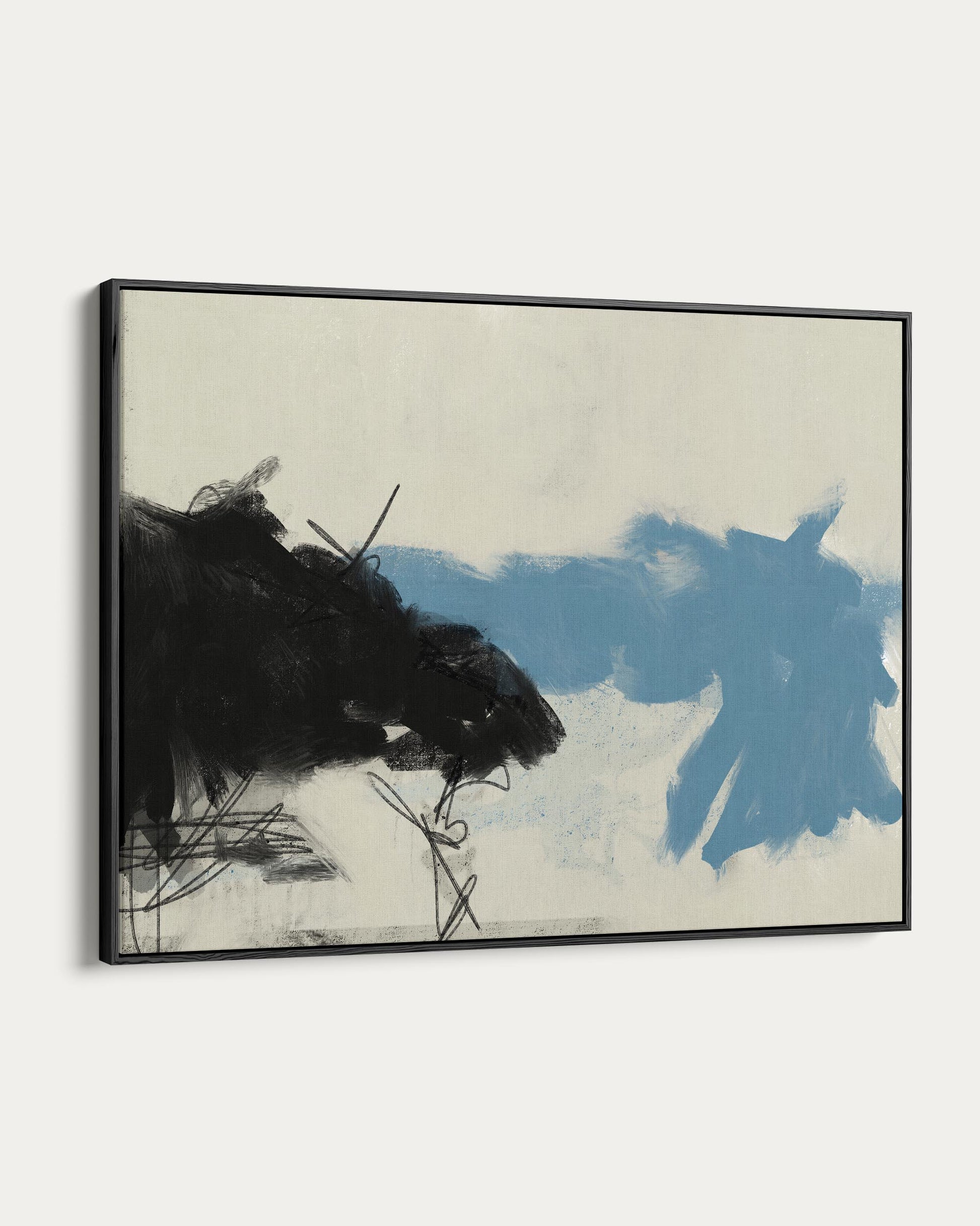 Abstract art piece with black and blue brush strokes on a light background