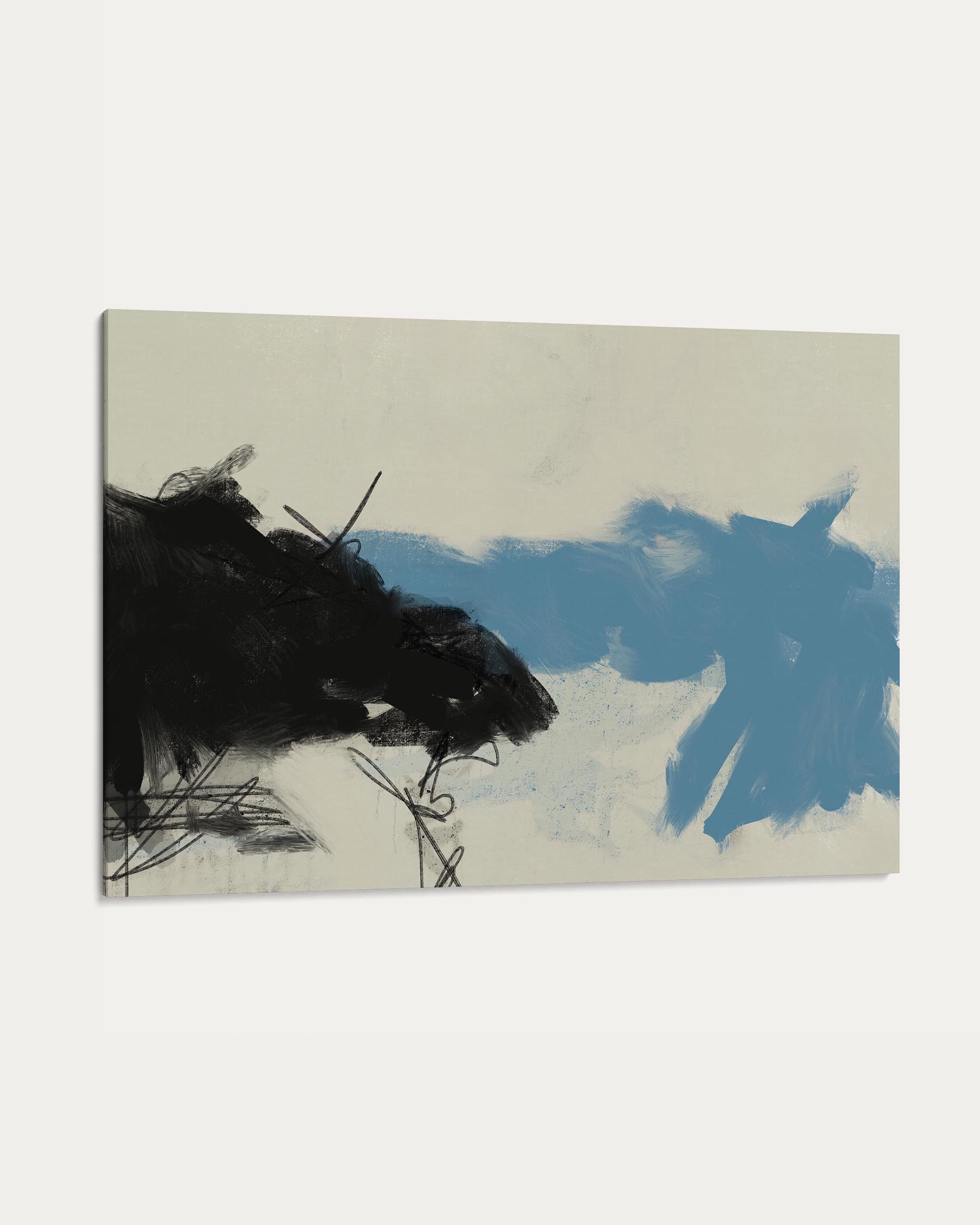 Abstract art piece with black and blue brush strokes on a beige background