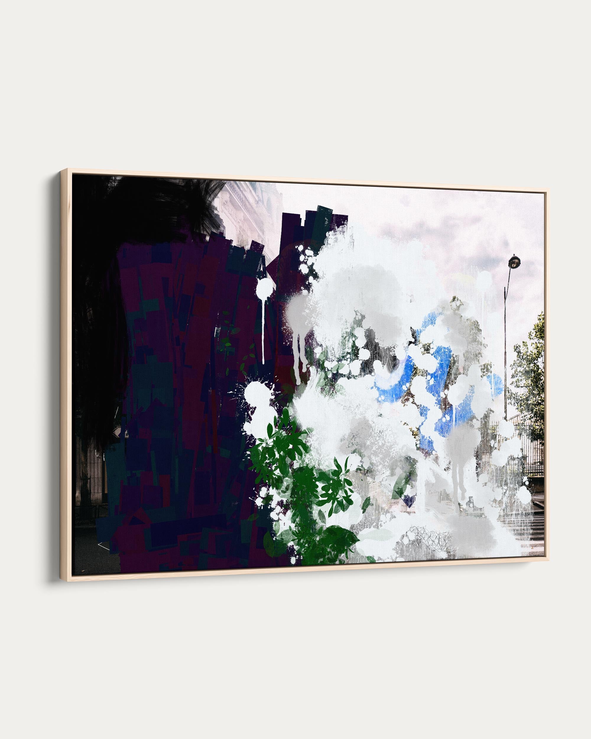 Abstract art piece with splashes of white, blue, and green on a black background