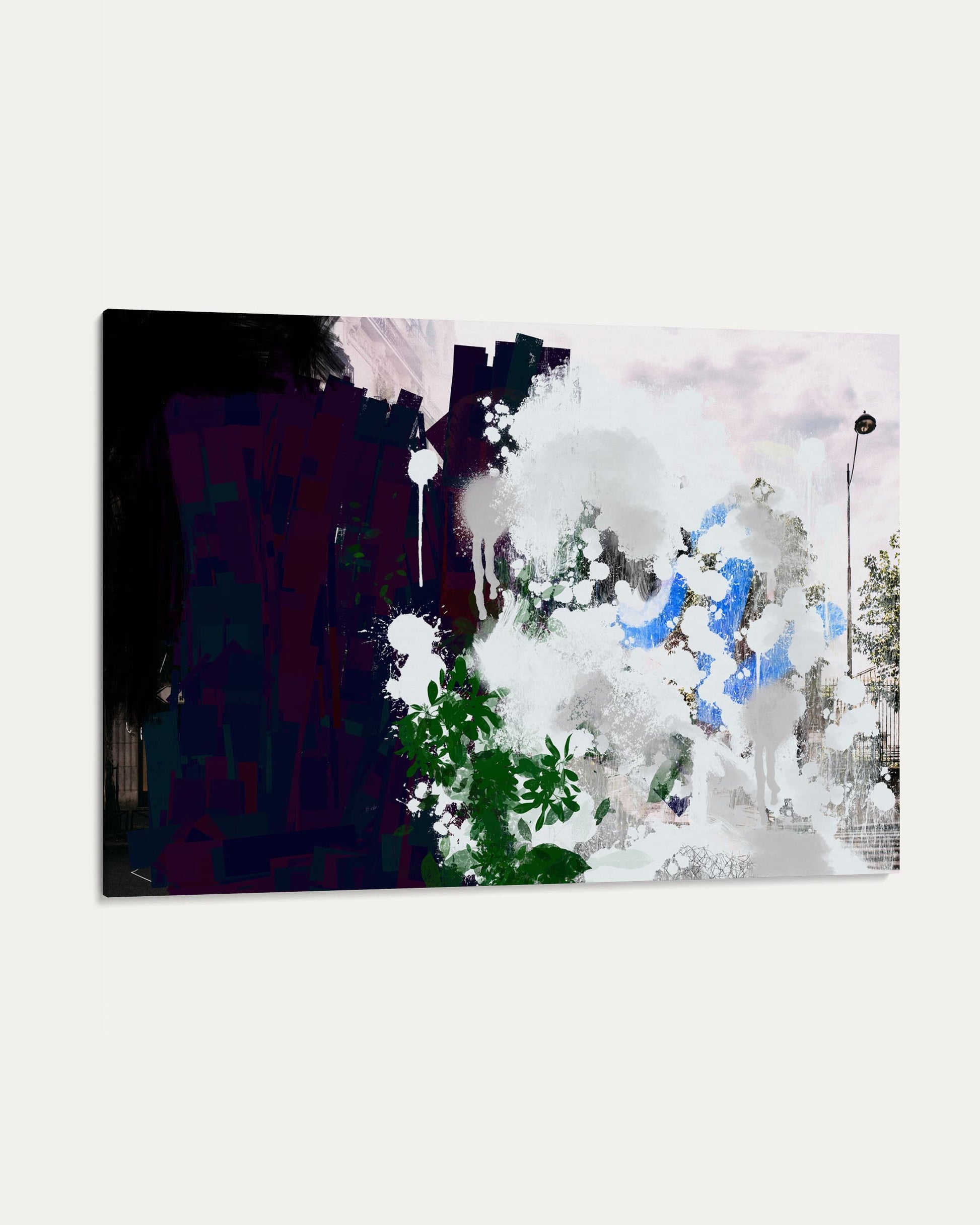 Abstract art piece with splashes of white, blue, and green on a dark background