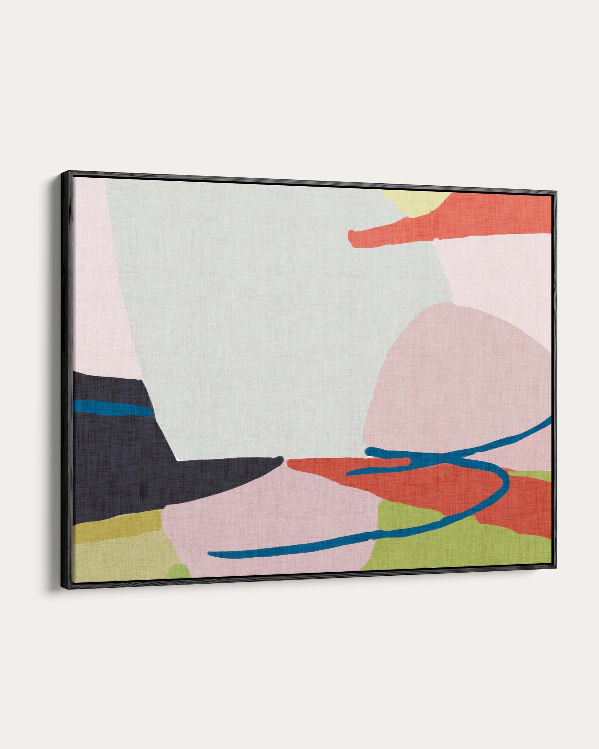 Framed abstract artwork with geometric shapes on a light background