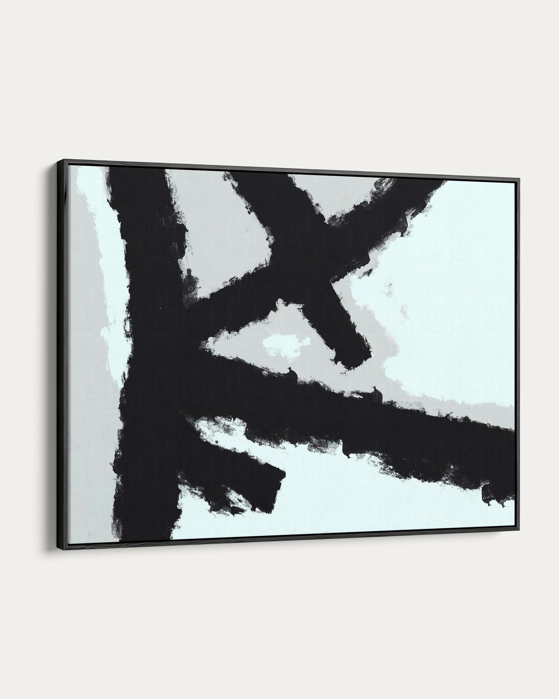 Abstract art piece with black and white brush strokes on a light blue background