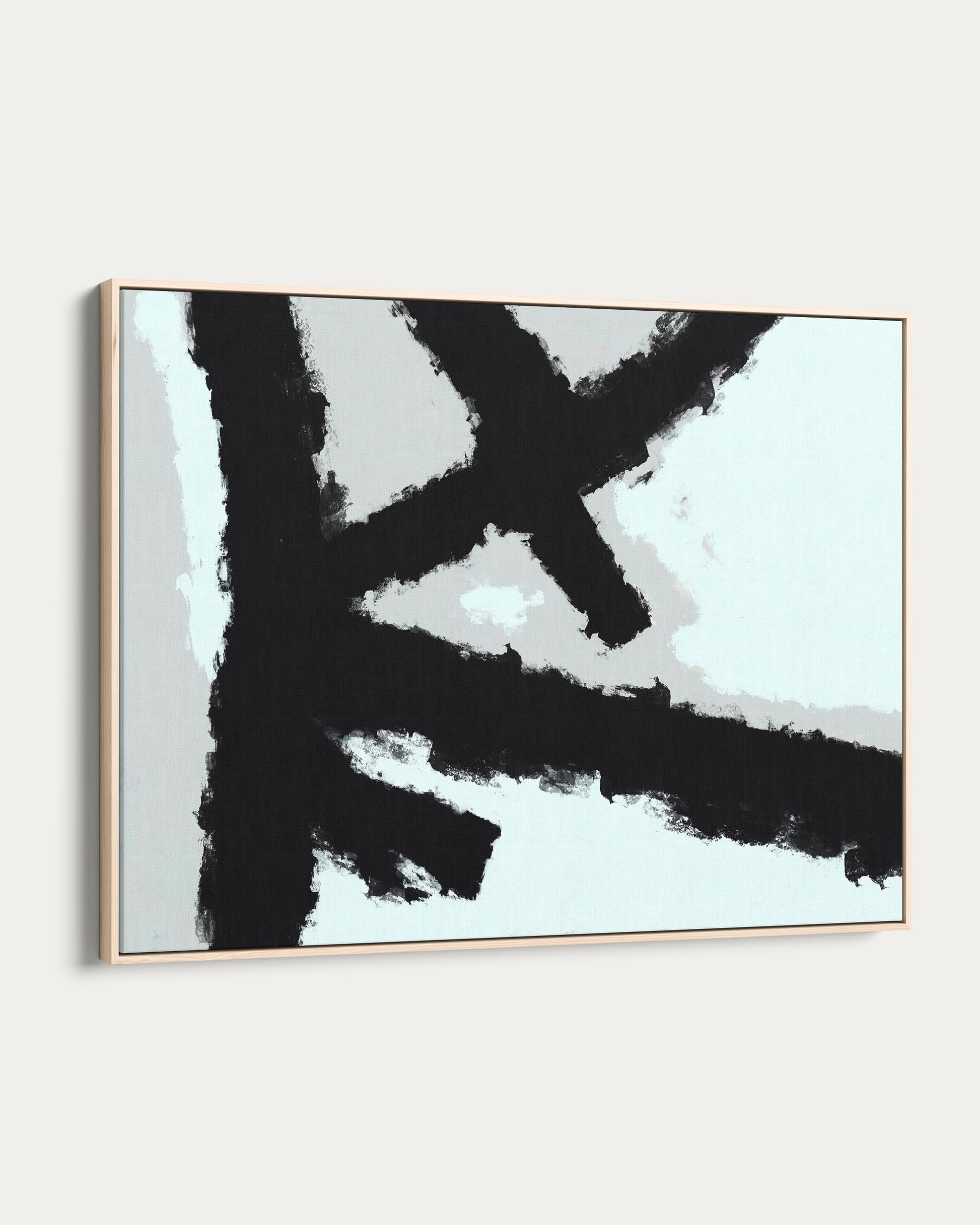 Abstract art piece with black and white brush strokes on a light blue background