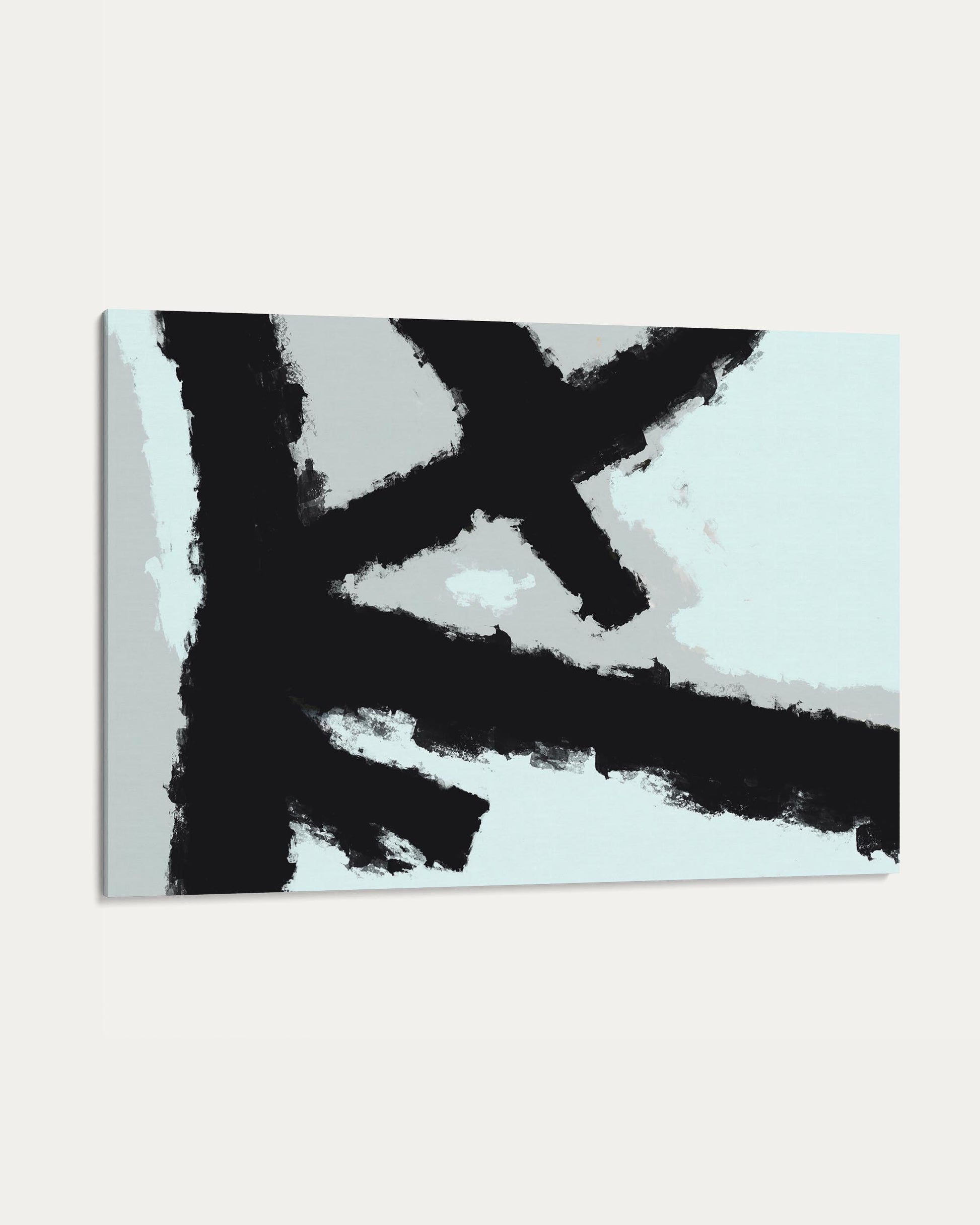 Abstract art piece with black brush strokes on a light blue background