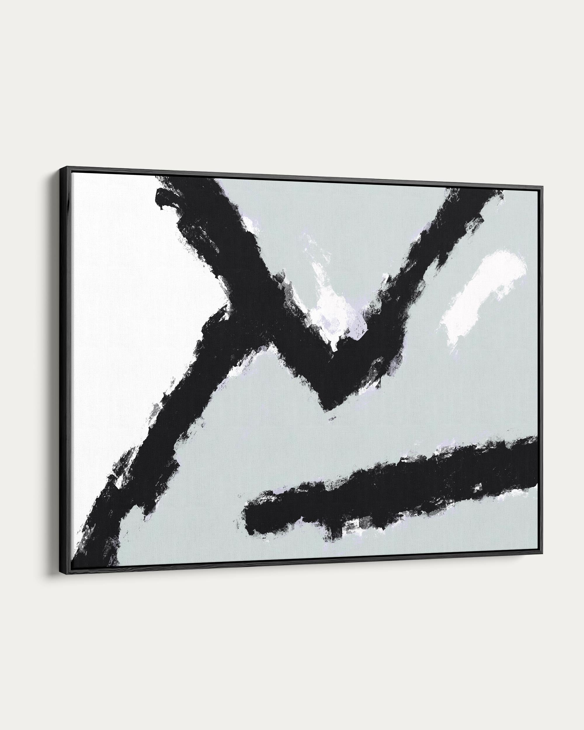 Abstract art piece with black brush strokes on a light gray background