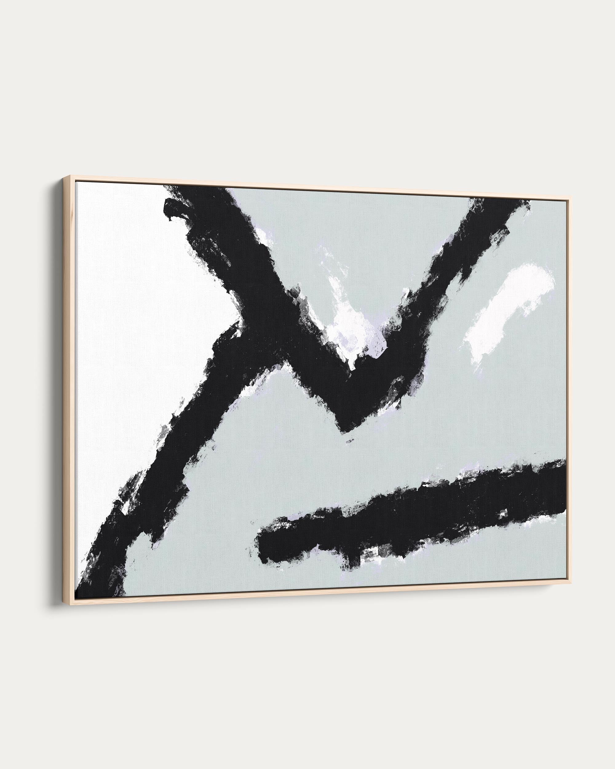 Abstract art piece with black brush strokes on a light gray background