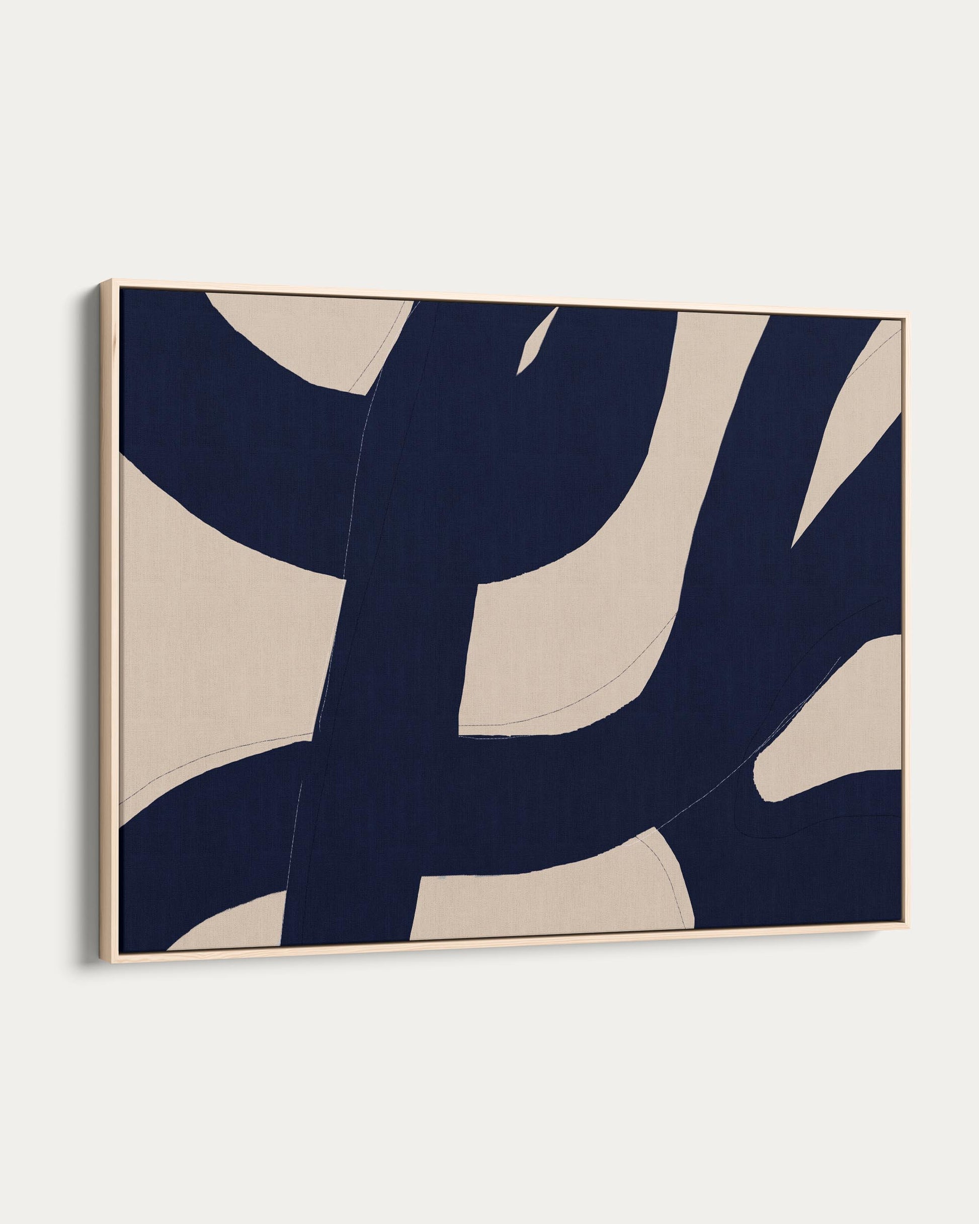 Abstract art piece with blue and beige shapes on a white background