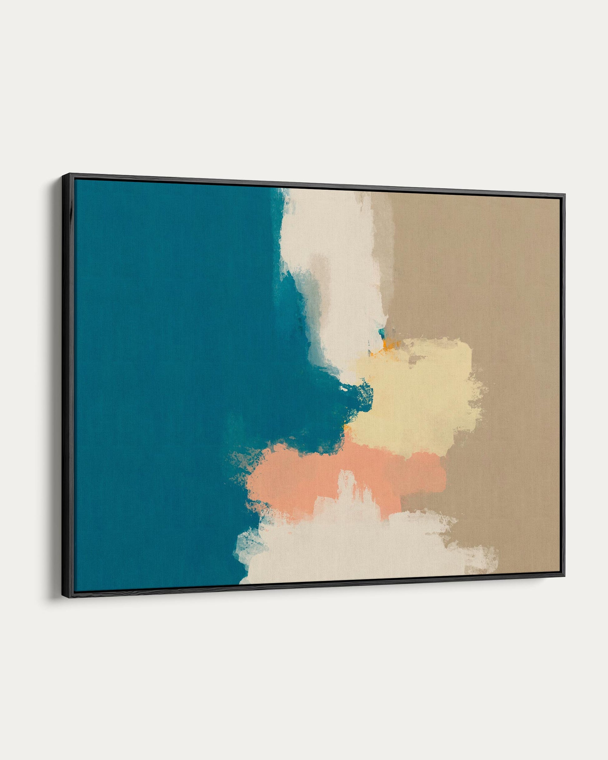 Abstract art print with blue, beige, and orange colors on a white wall.