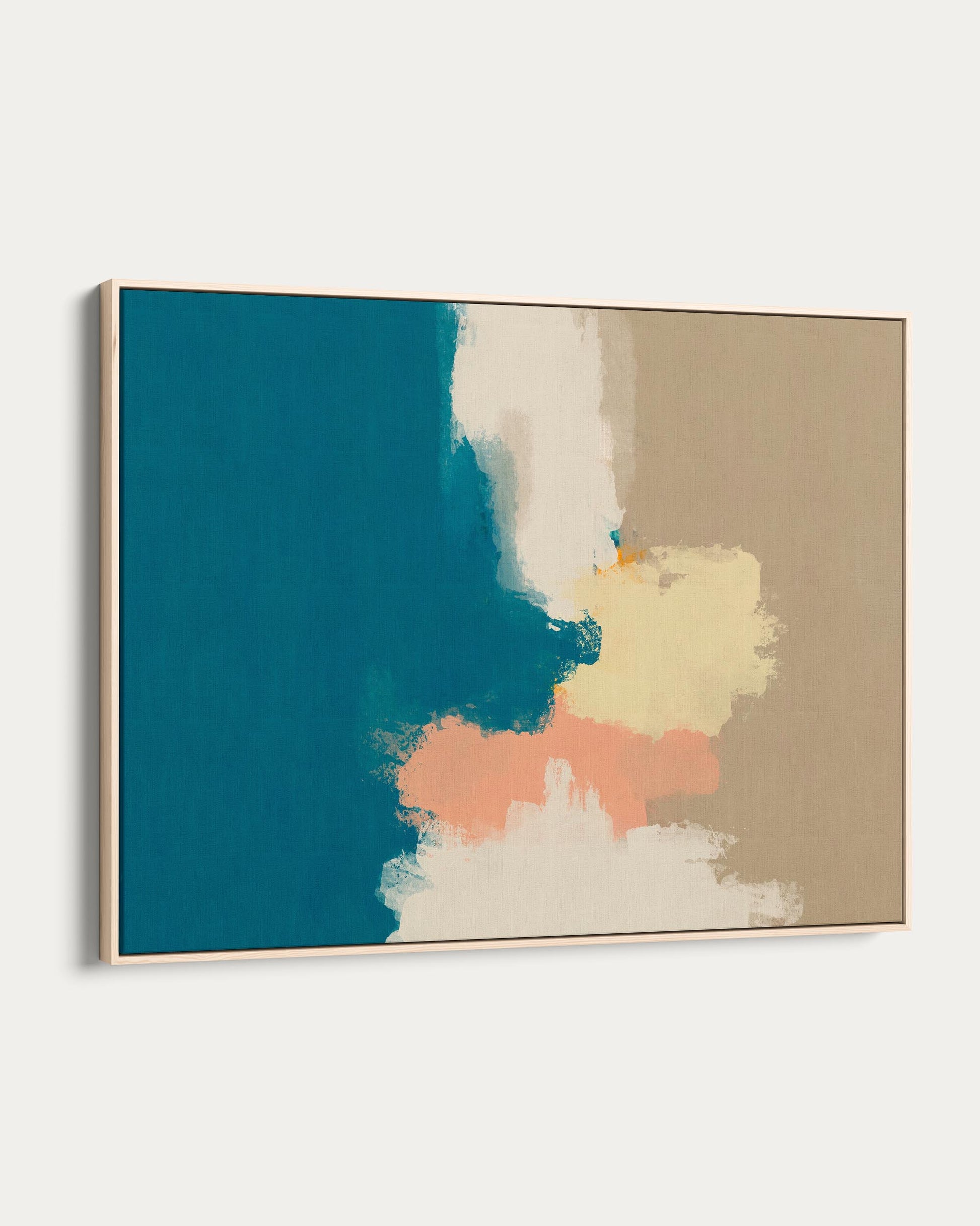 Abstract art print with blue, beige, and orange colors on a white background