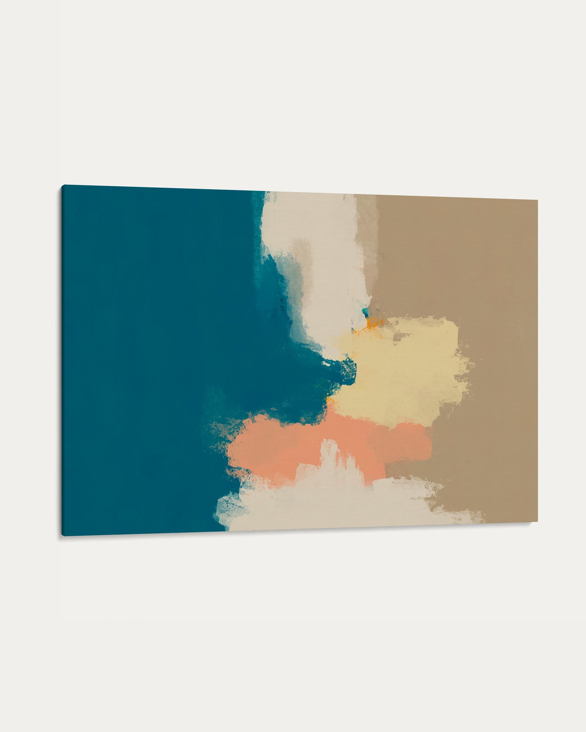 Abstract art piece with blue, beige, and orange colors on a white background