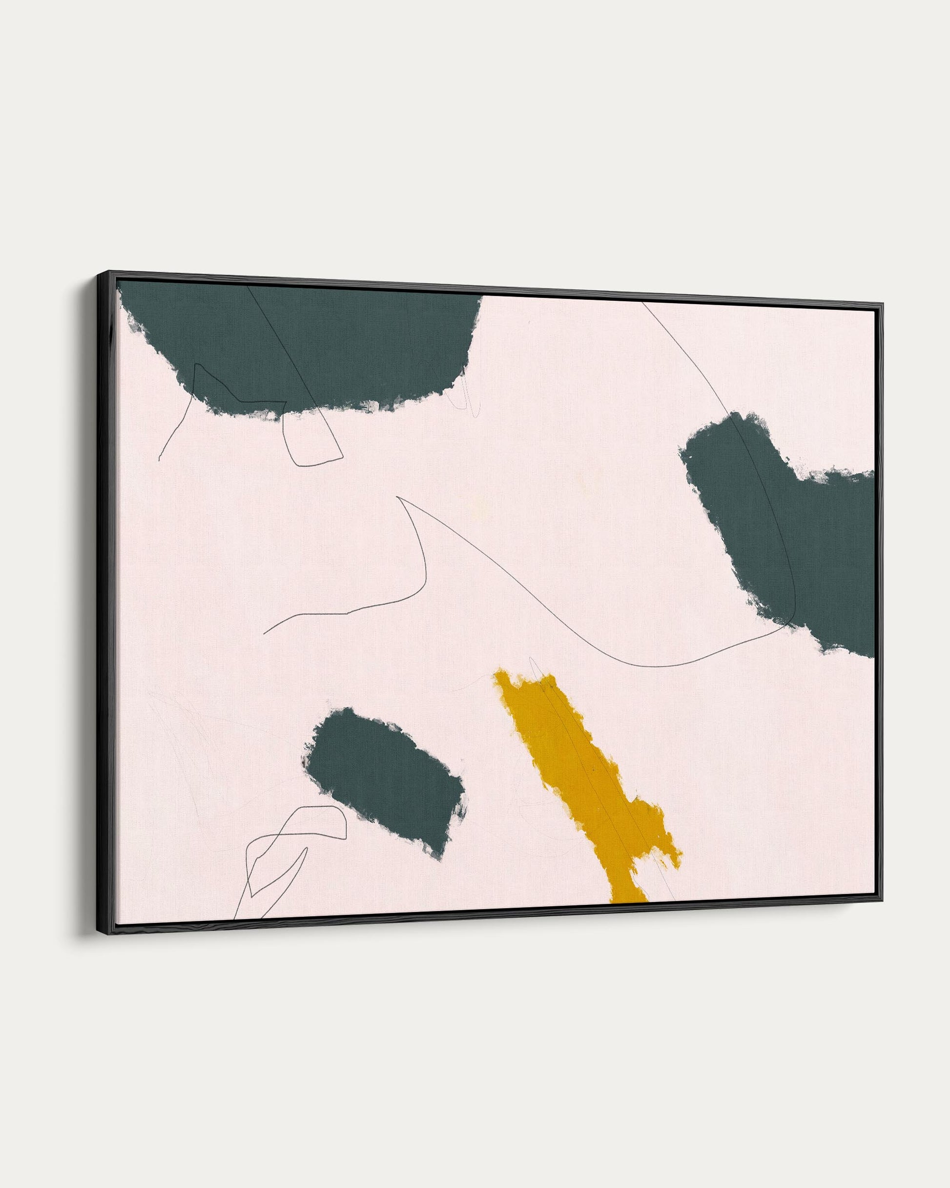 Abstract art print with green and yellow shapes on a pink background, framed.