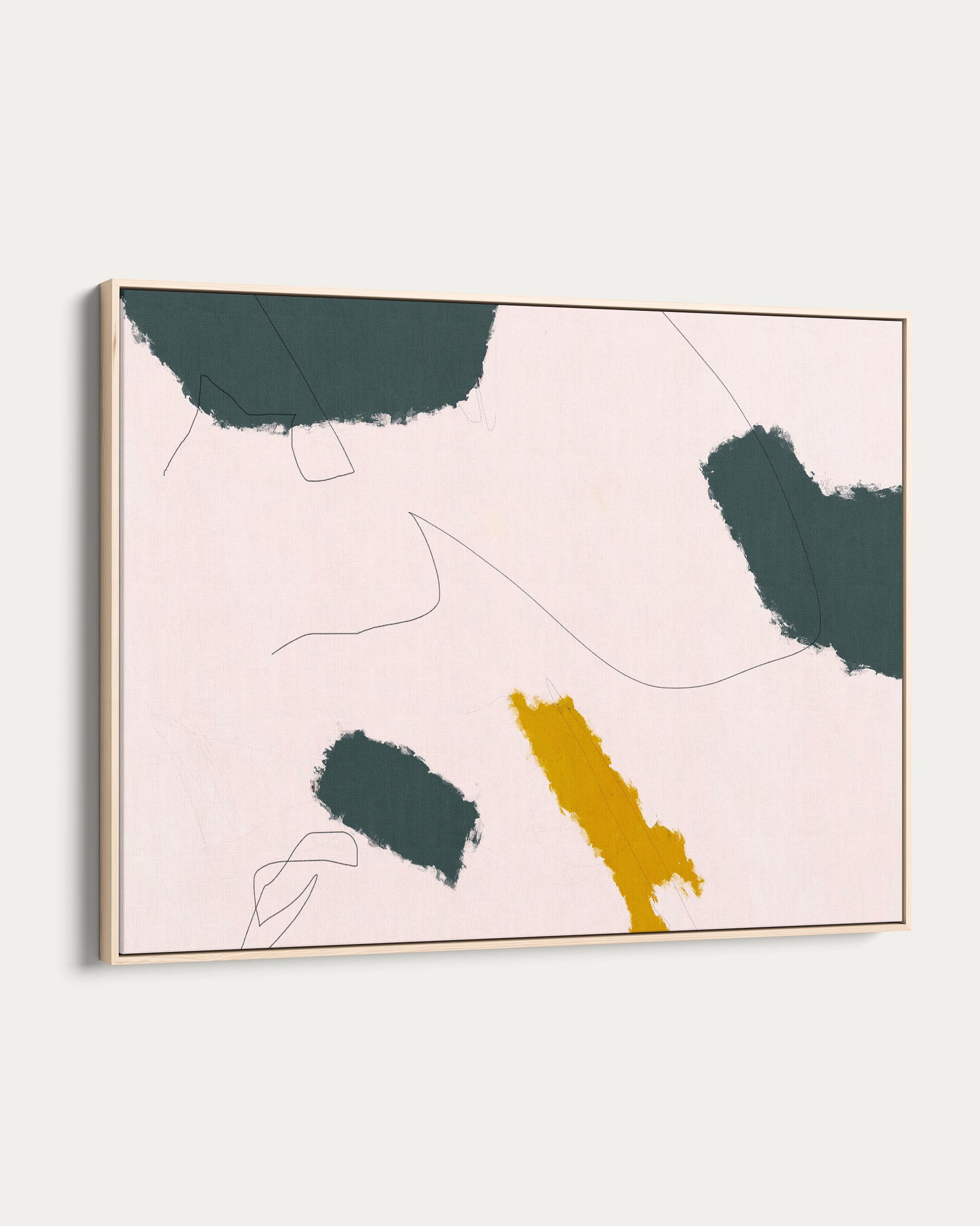 Abstract art print with green and yellow shapes on a pink background