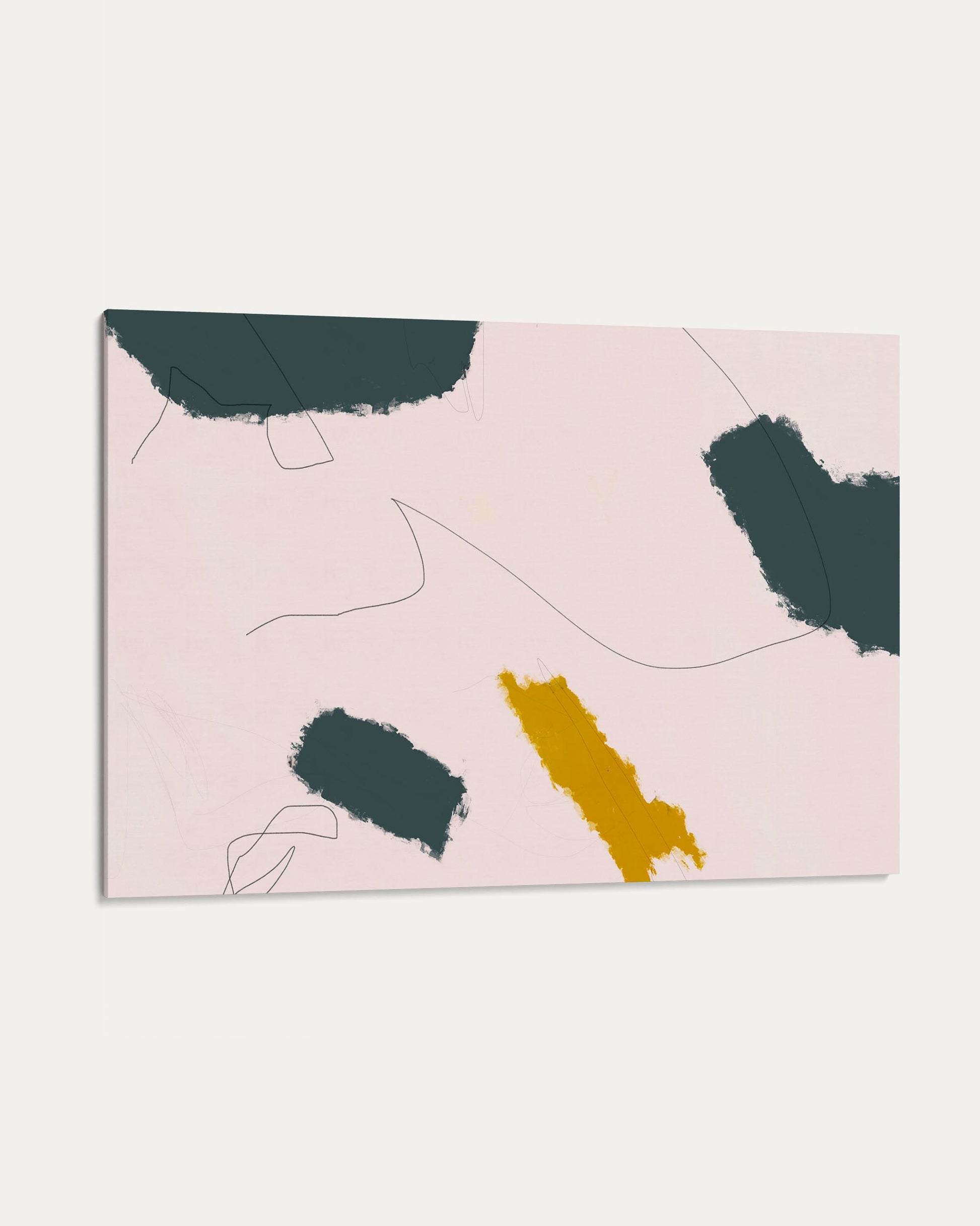 Abstract art print with green and yellow shapes on a pink background