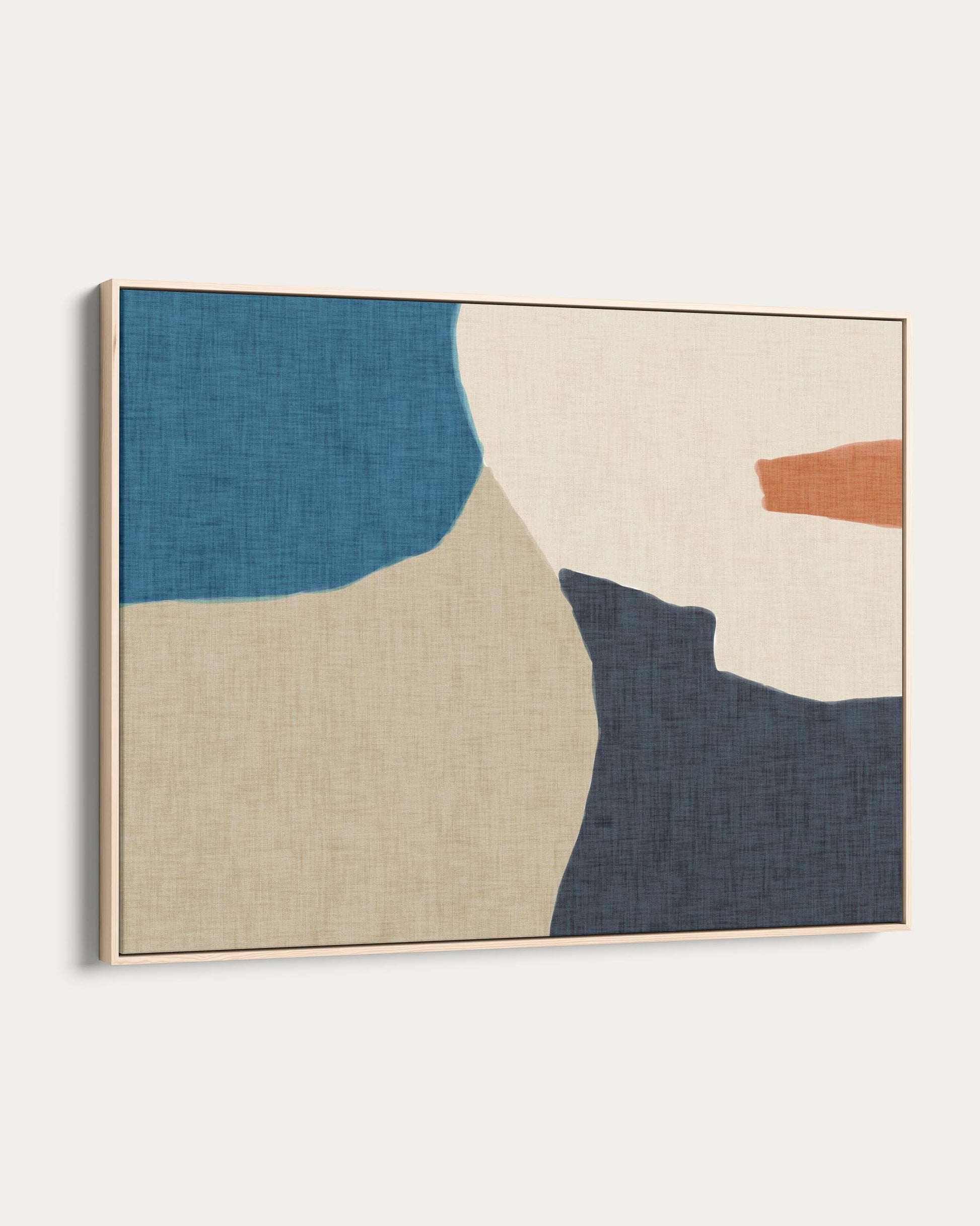 Abstract art piece with blue, beige, and brown colors on a white background