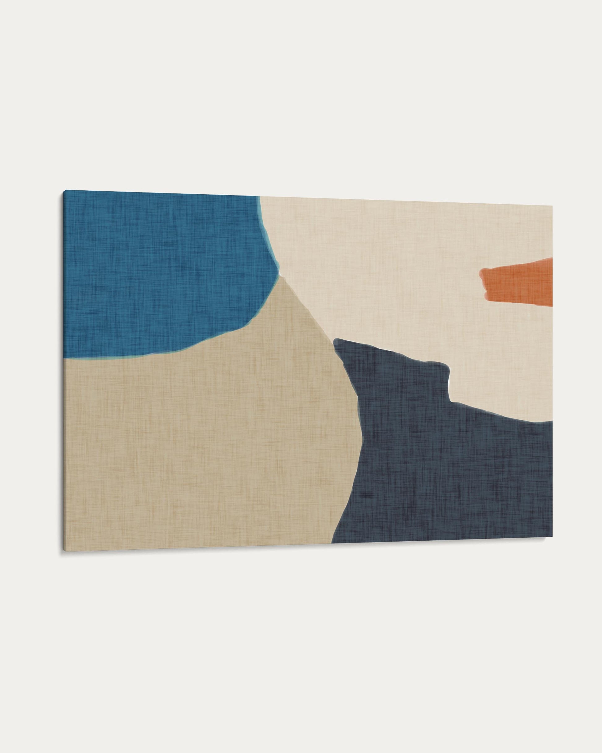 Abstract art piece with geometric shapes in blue, beige, and orange on a white background