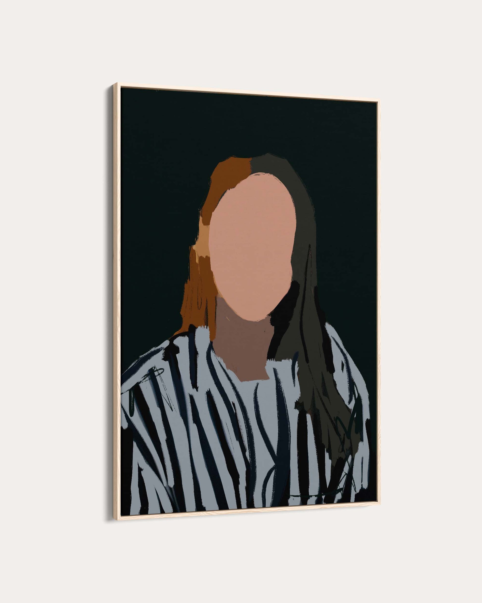 Framed portrait of a person with long hair on a plain background