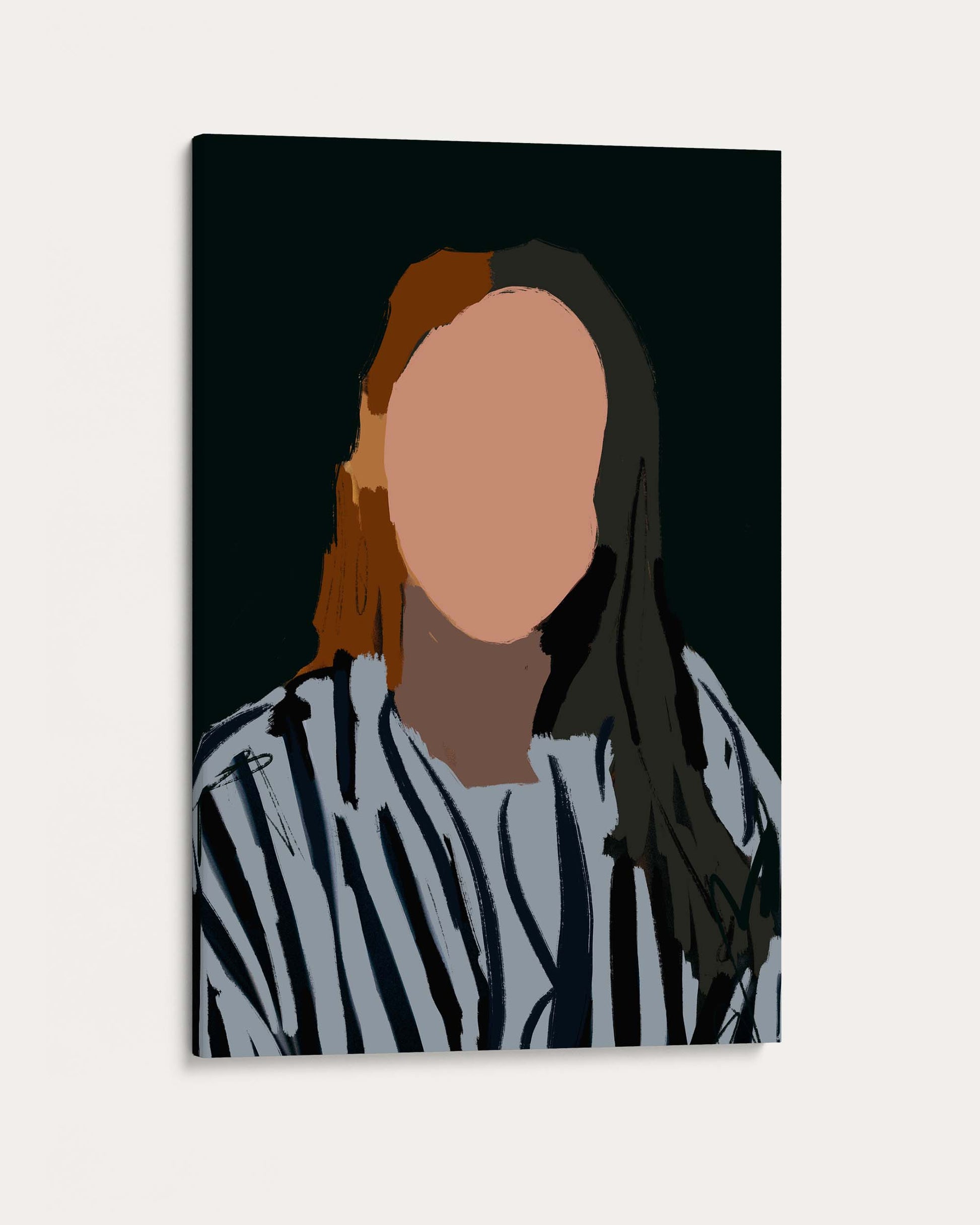 Canvas print of a person with long hair and a striped shirt on a dark background