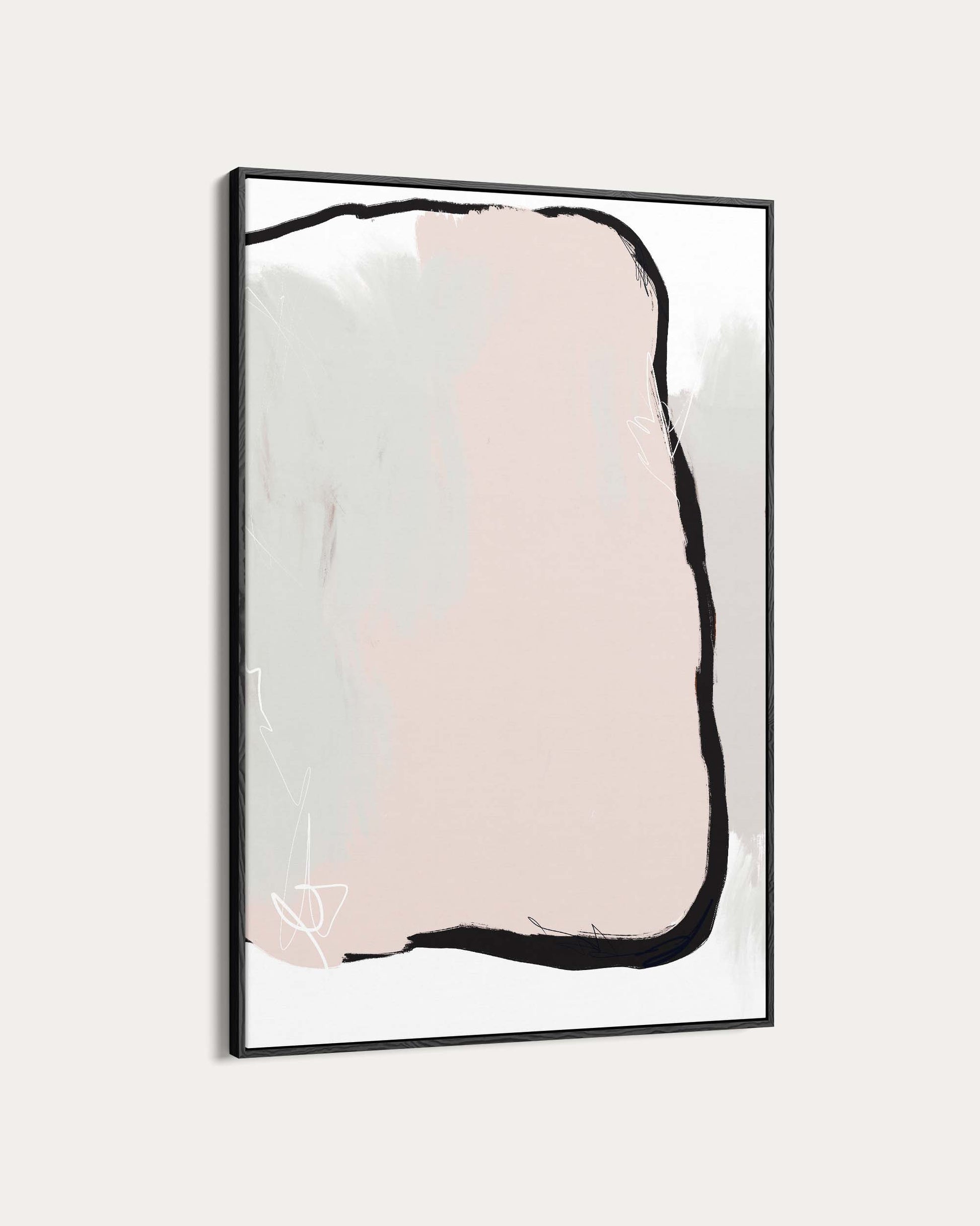 Framed abstract art with a pink and black design on a light gray background