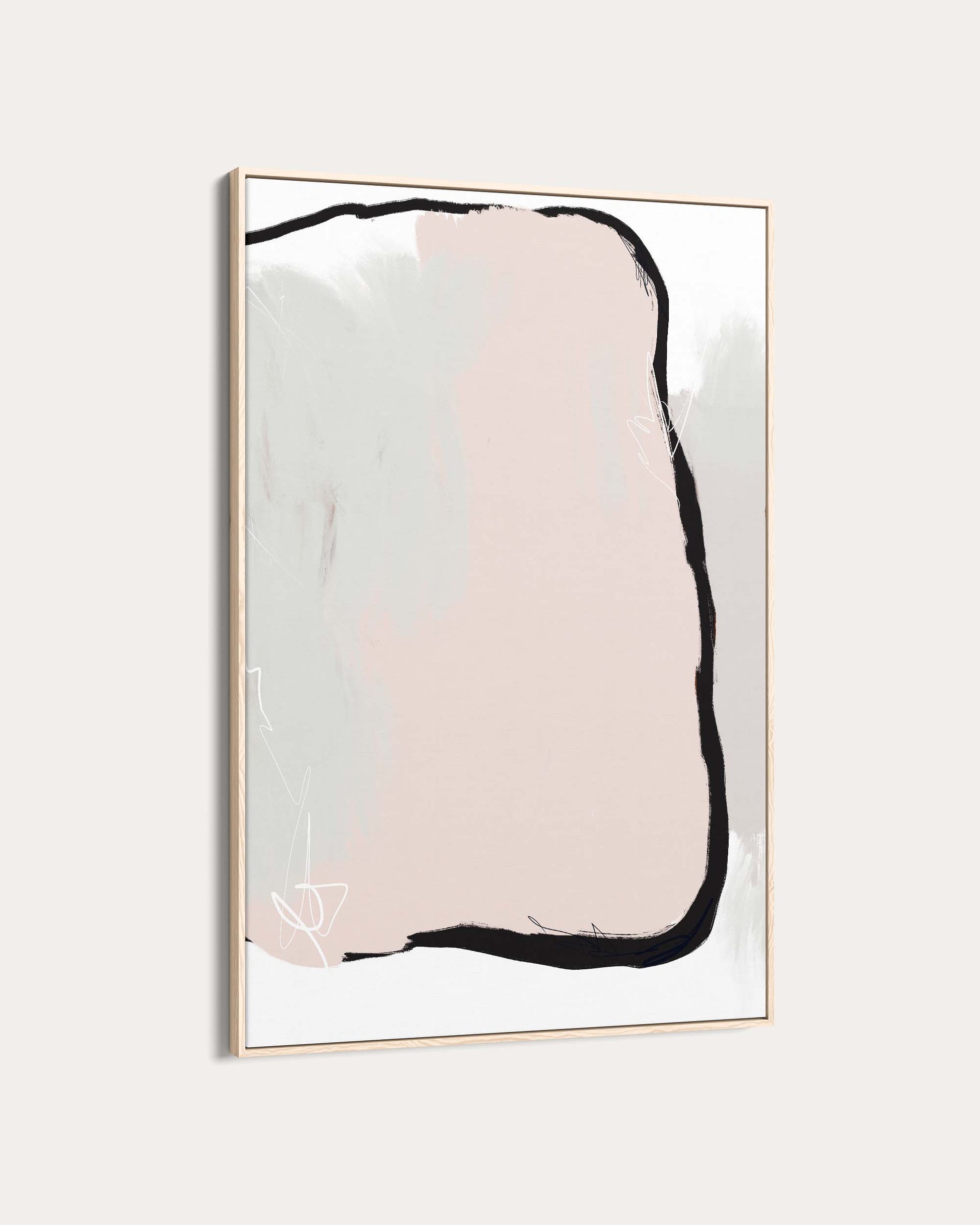 Abstract art piece with pink and black abstract design on a light background