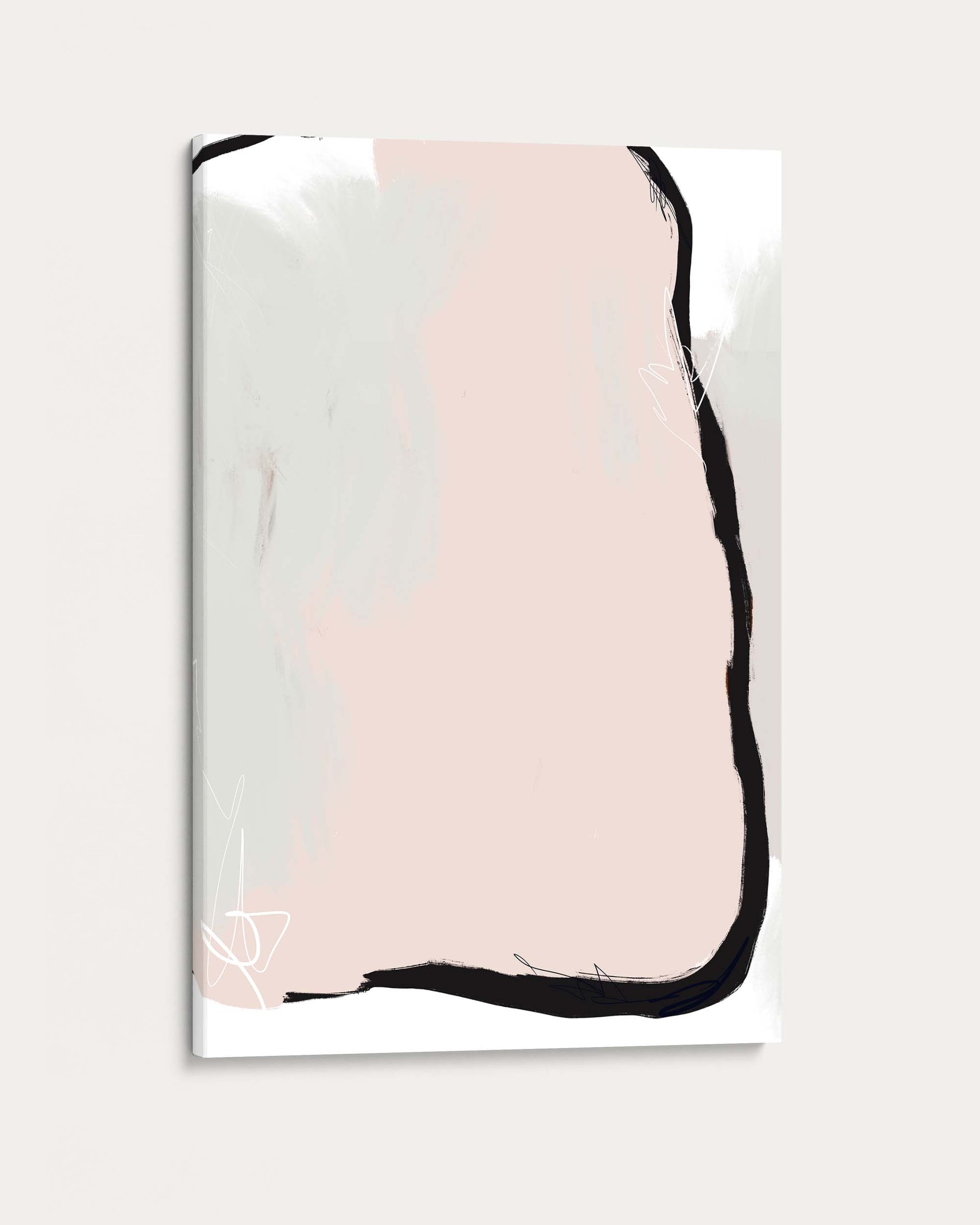 Abstract art print with pink, black, and white colors on a light gray background