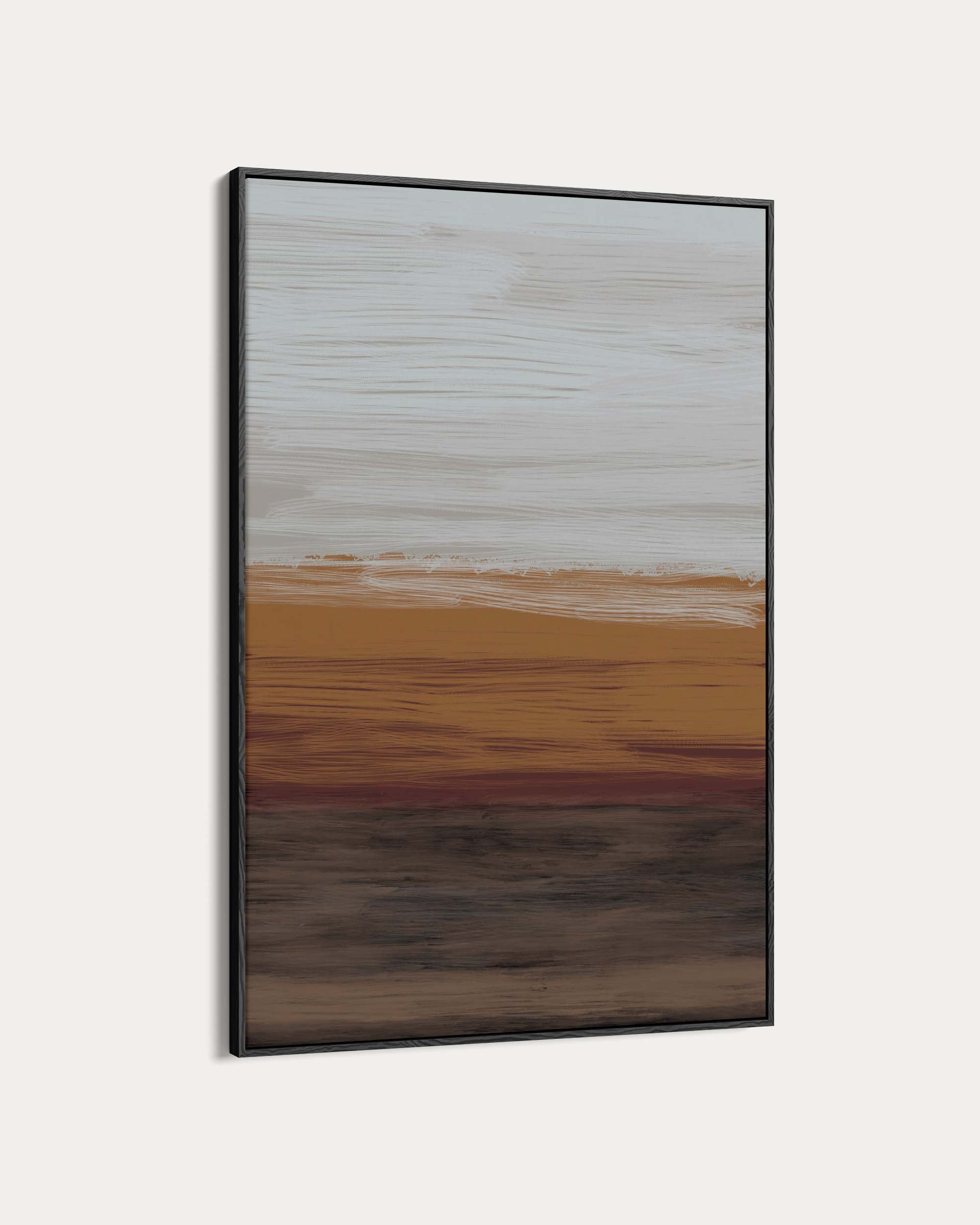 Abstract painting with horizontal brush strokes in brown, beige, and gray on a white background