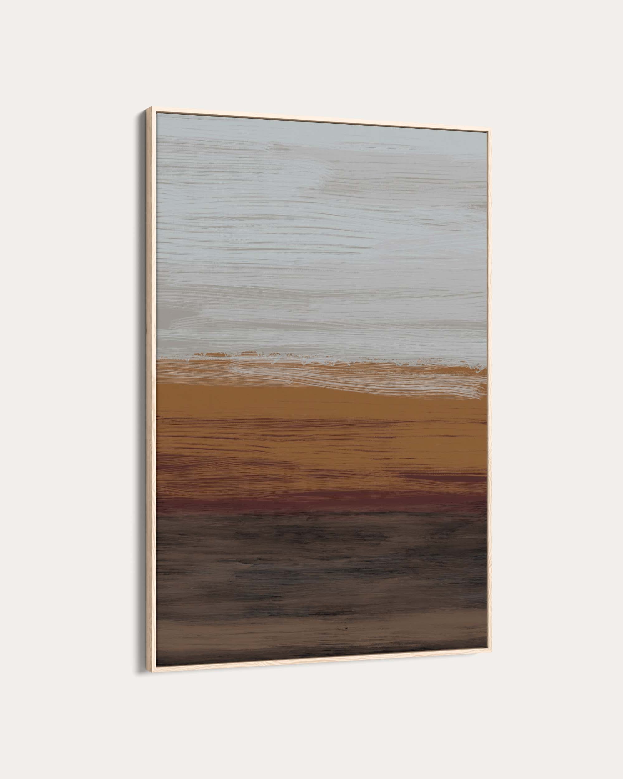 Abstract art piece with horizontal brush strokes in brown, beige, and gray on a white background