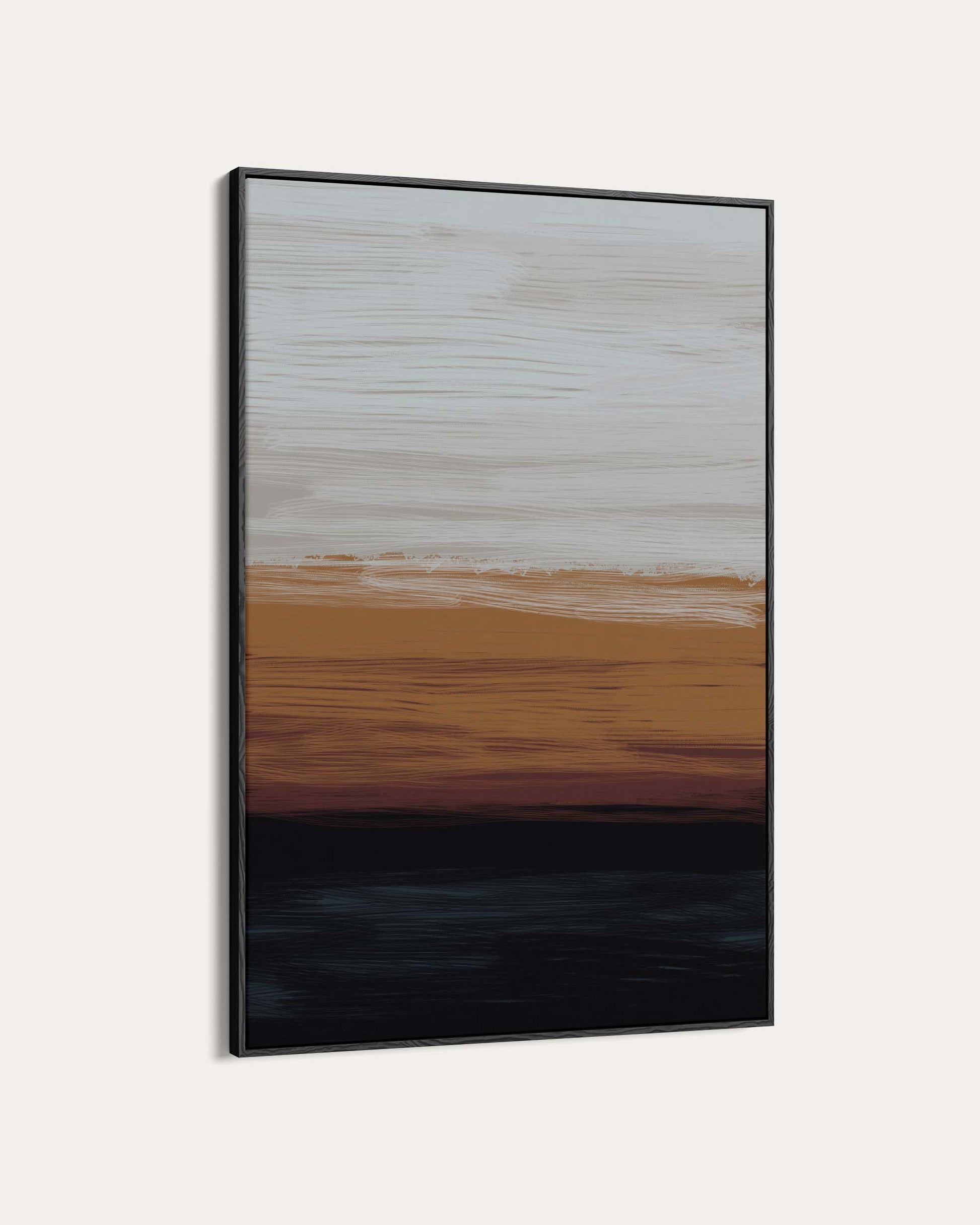 Abstract painting with horizontal brush strokes in brown, black, and white on a light gray background