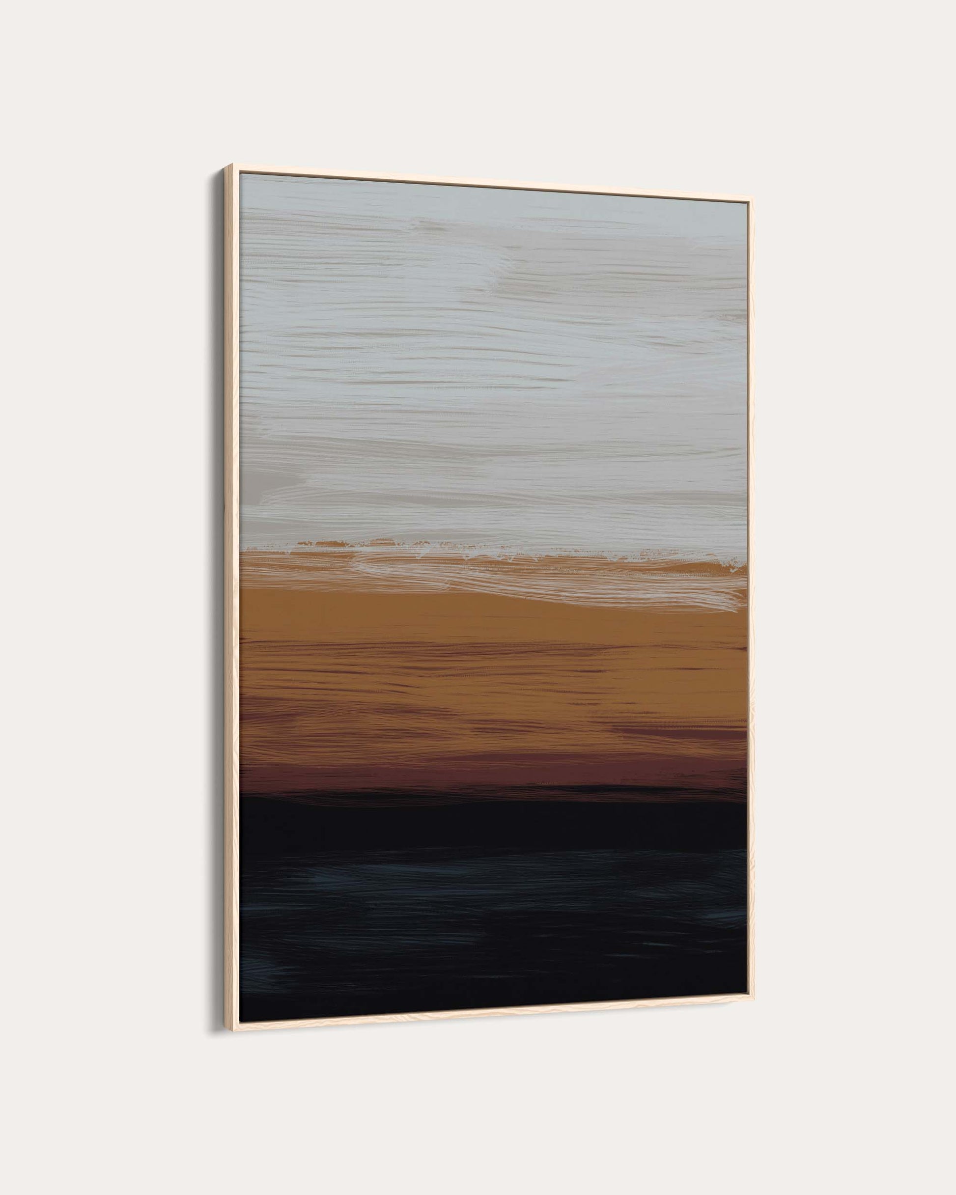 Abstract painting with horizontal brush strokes in brown, black, and beige on a light gray background
