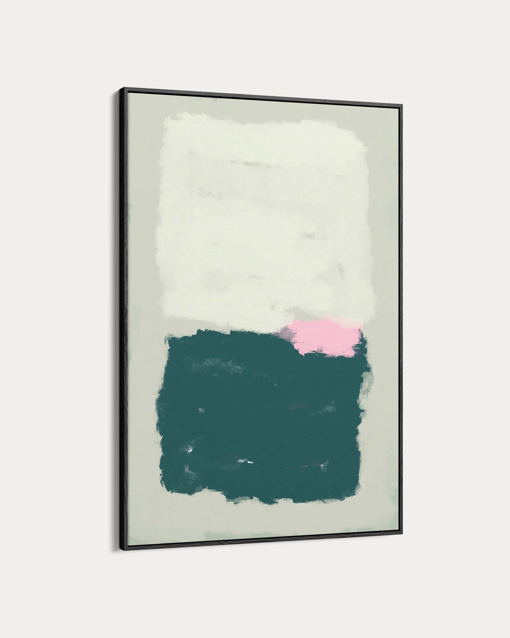 Framed abstract art with white, pink, and teal colors on a light gray background