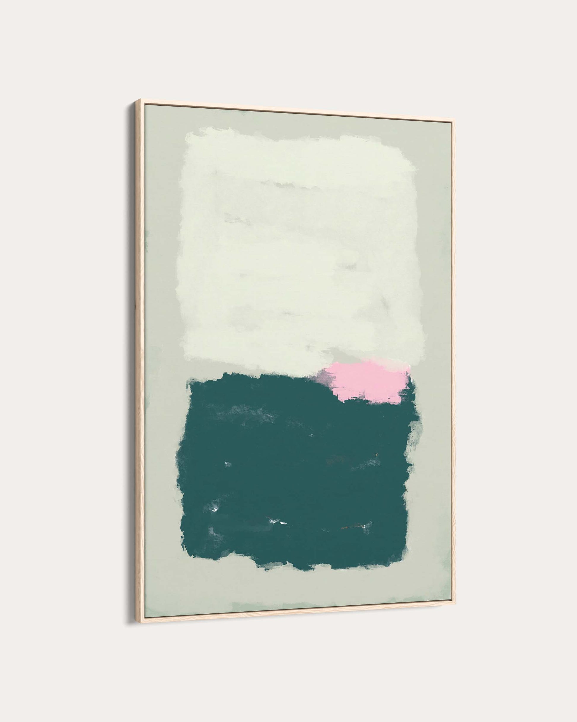 Abstract art piece with white, pink, and teal colors on a light gray background