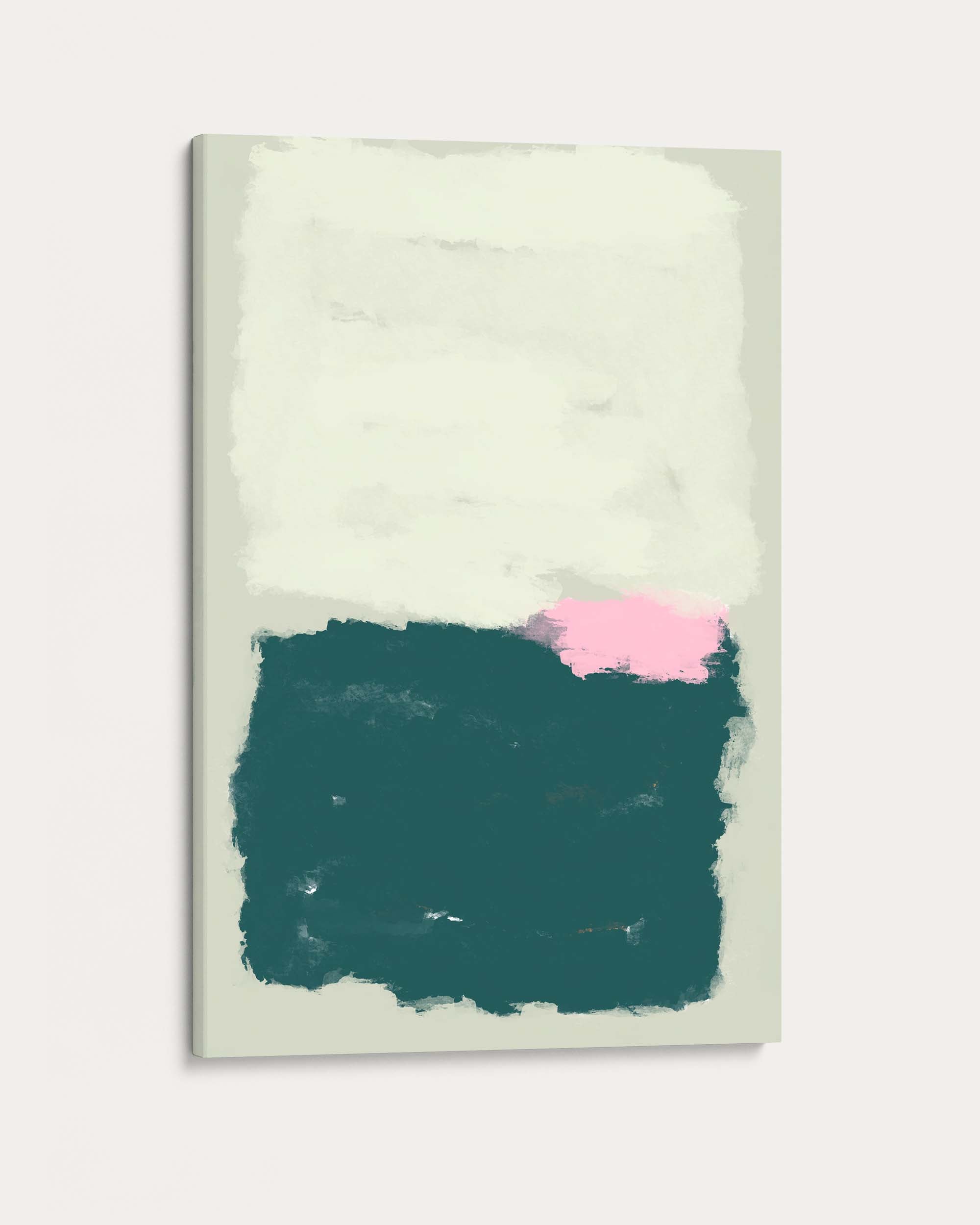 Abstract art piece with a teal and pink color block on a light background