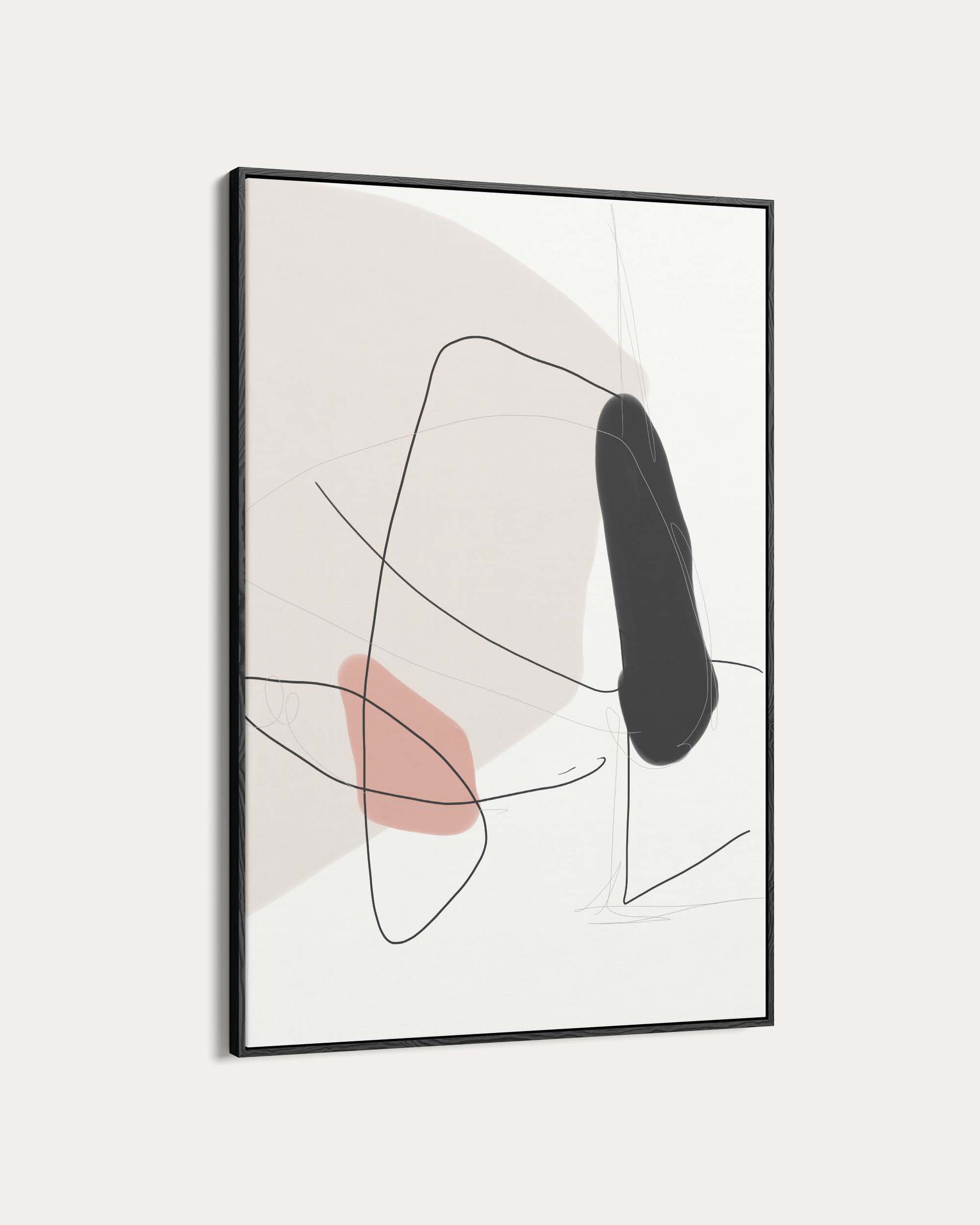 Framed abstract art with black, white, and pink lines on a light gray background