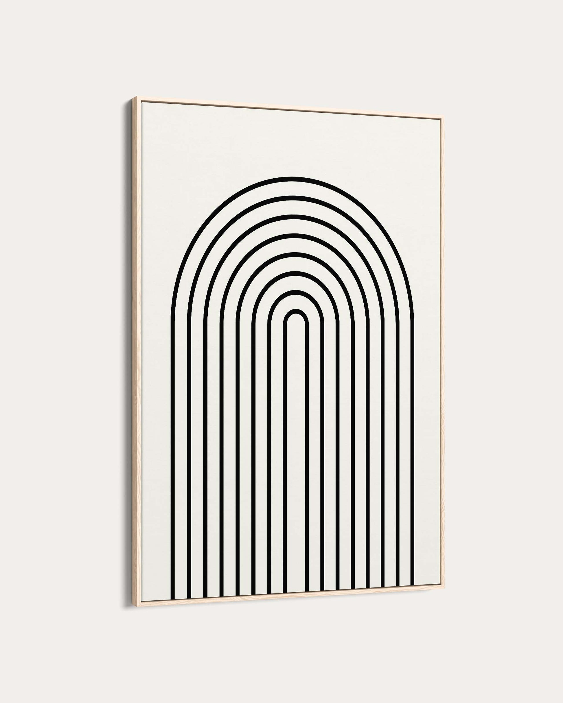 Framed artwork with black arch-shaped line design on a white background