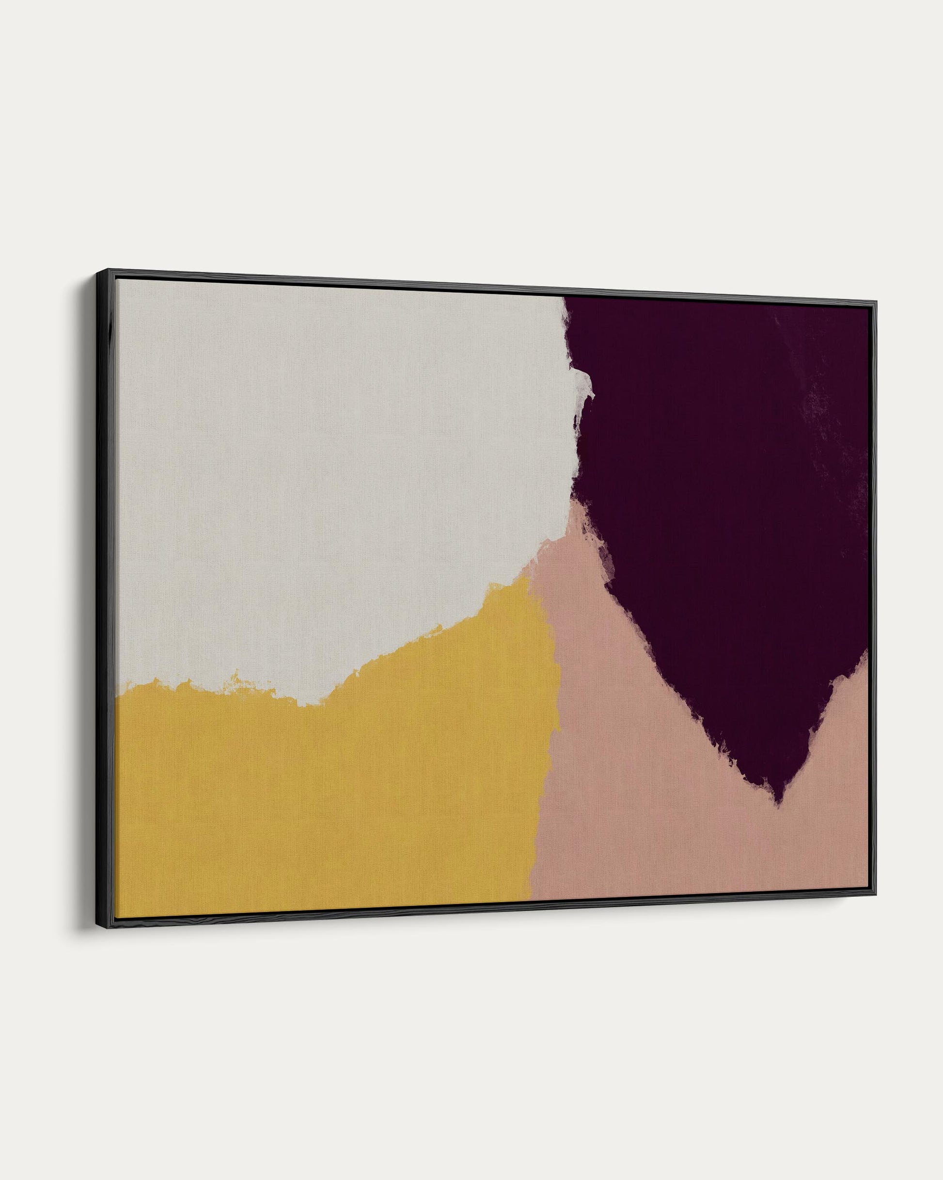 Abstract art piece with geometric shapes in black, white, yellow, and pink on a white background