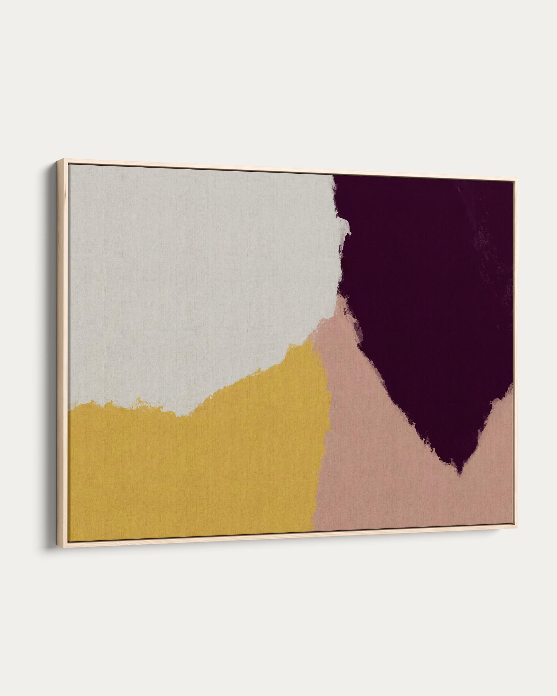 Abstract art piece with geometric shapes in purple, yellow, and pink on a white background