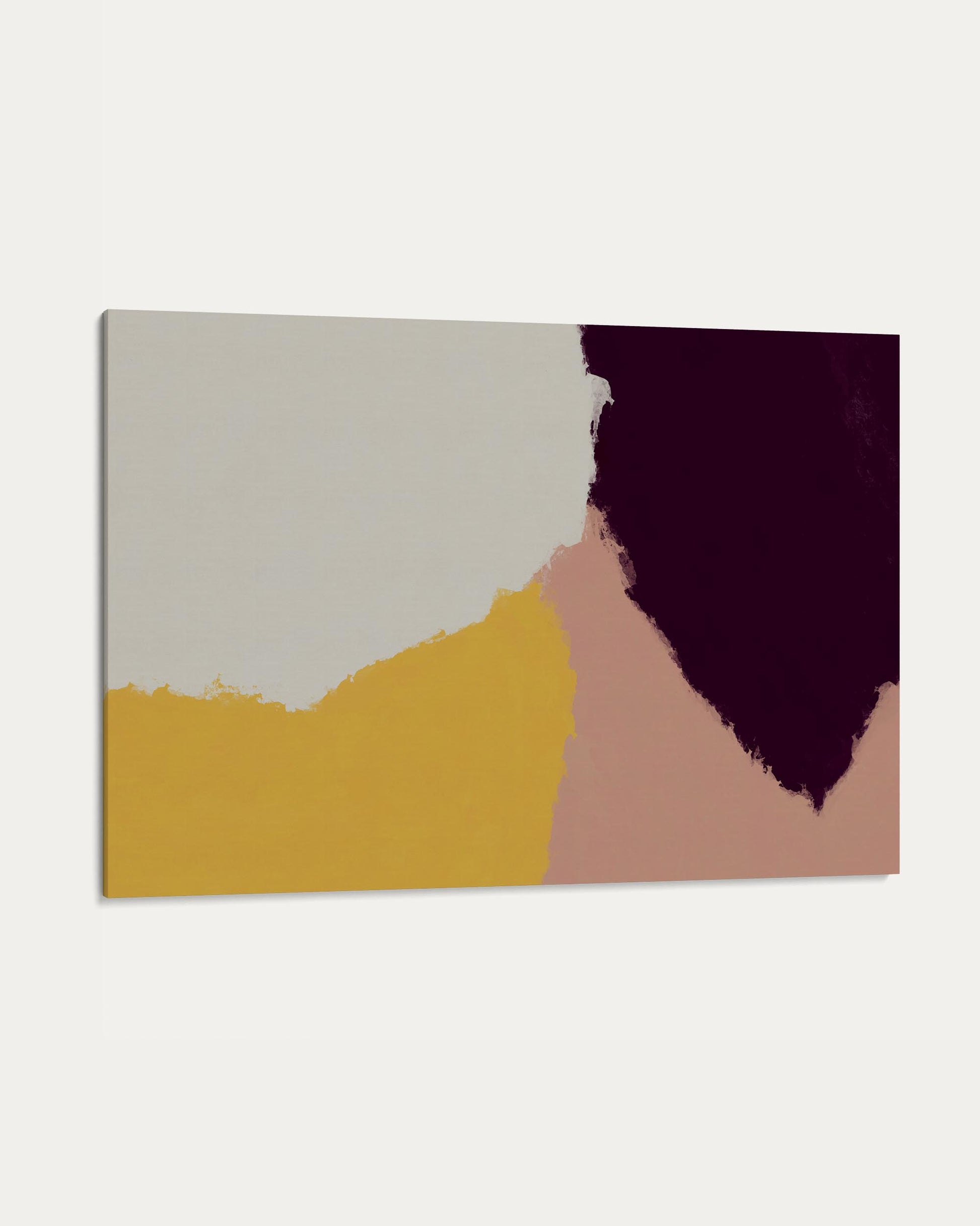 Abstract art piece with geometric shapes in purple, yellow, and beige on a light gray background