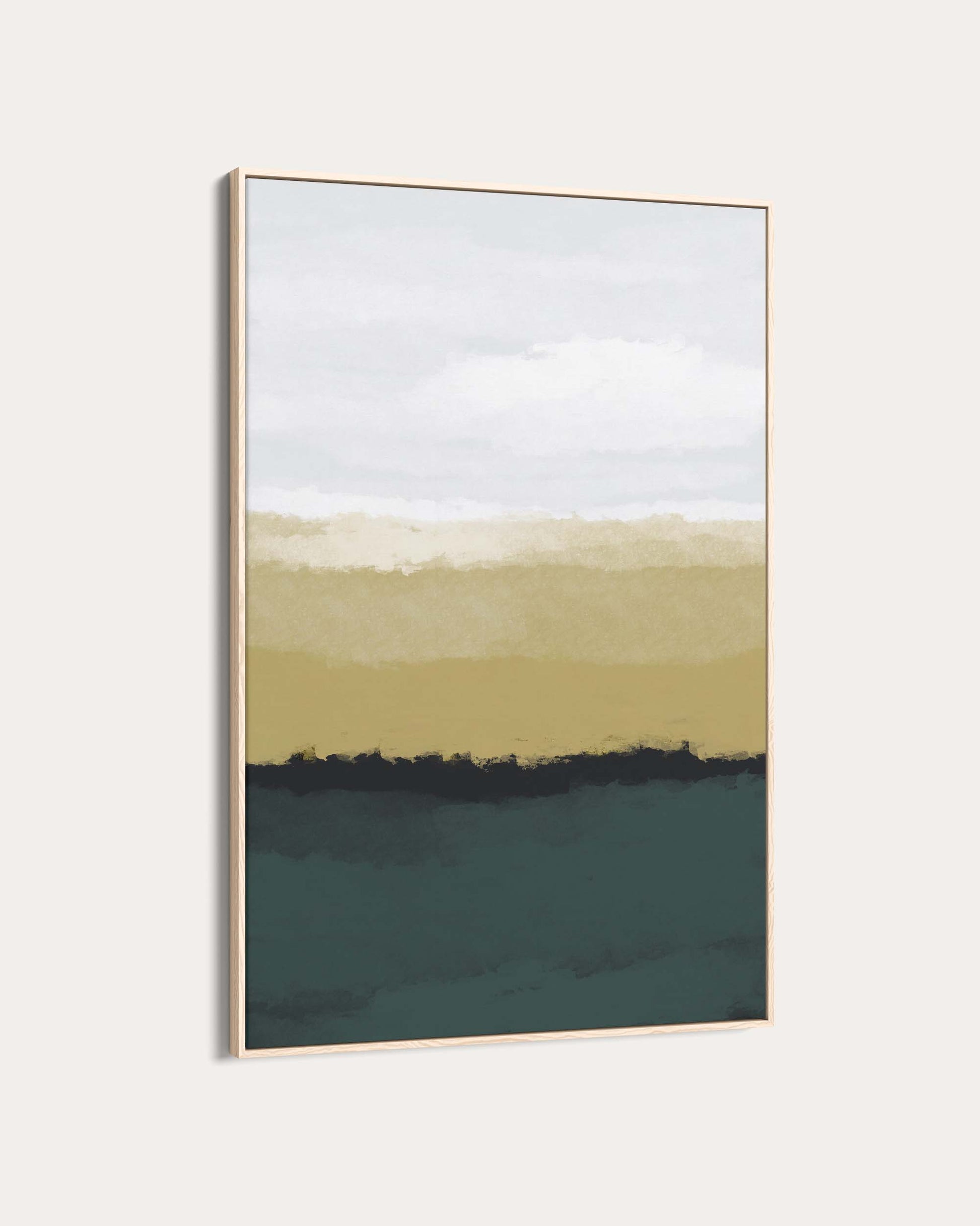 Abstract art print with horizontal stripes in green, beige, and blue on a white background