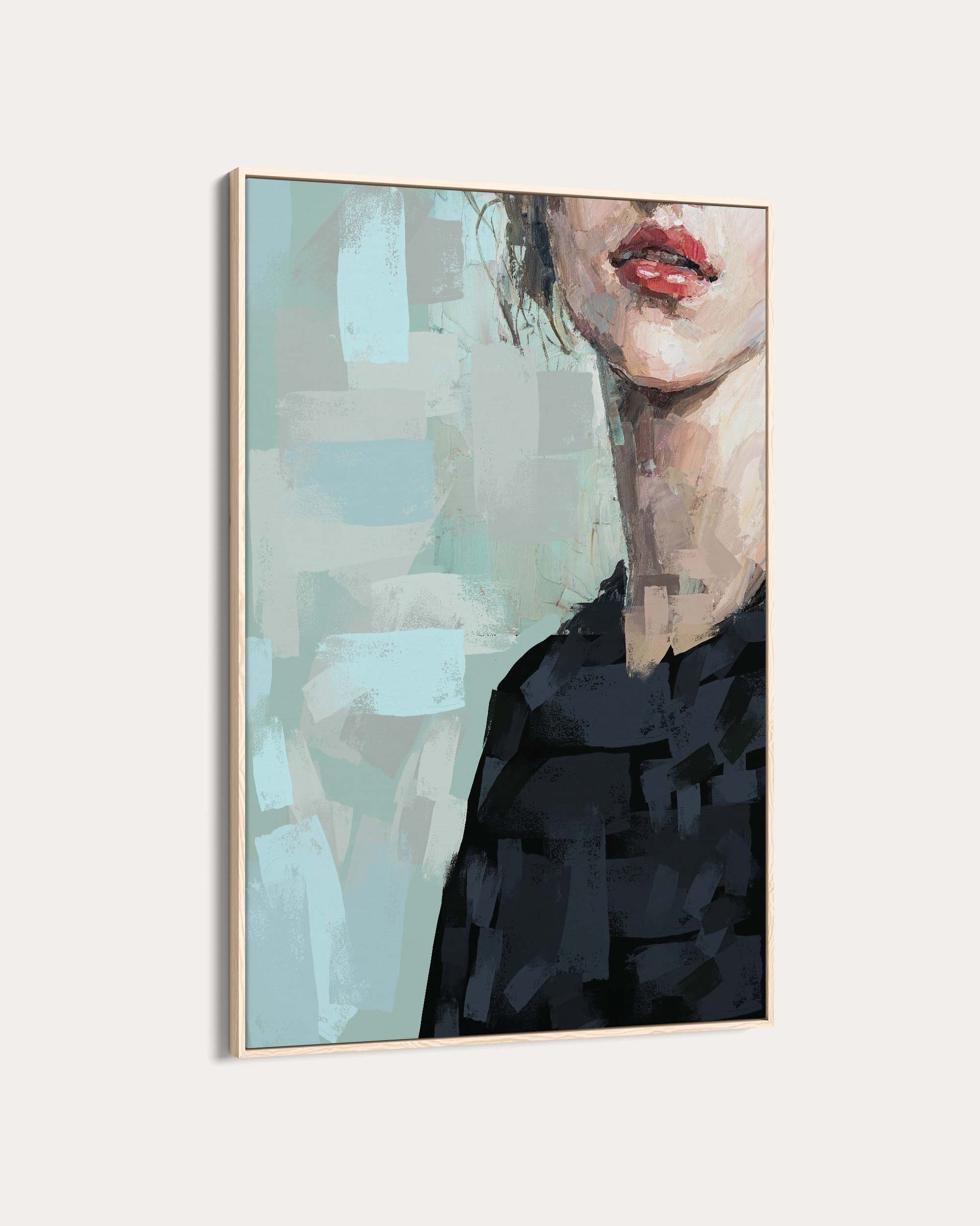 Abstract art print of a woman's face with red lips on a light background