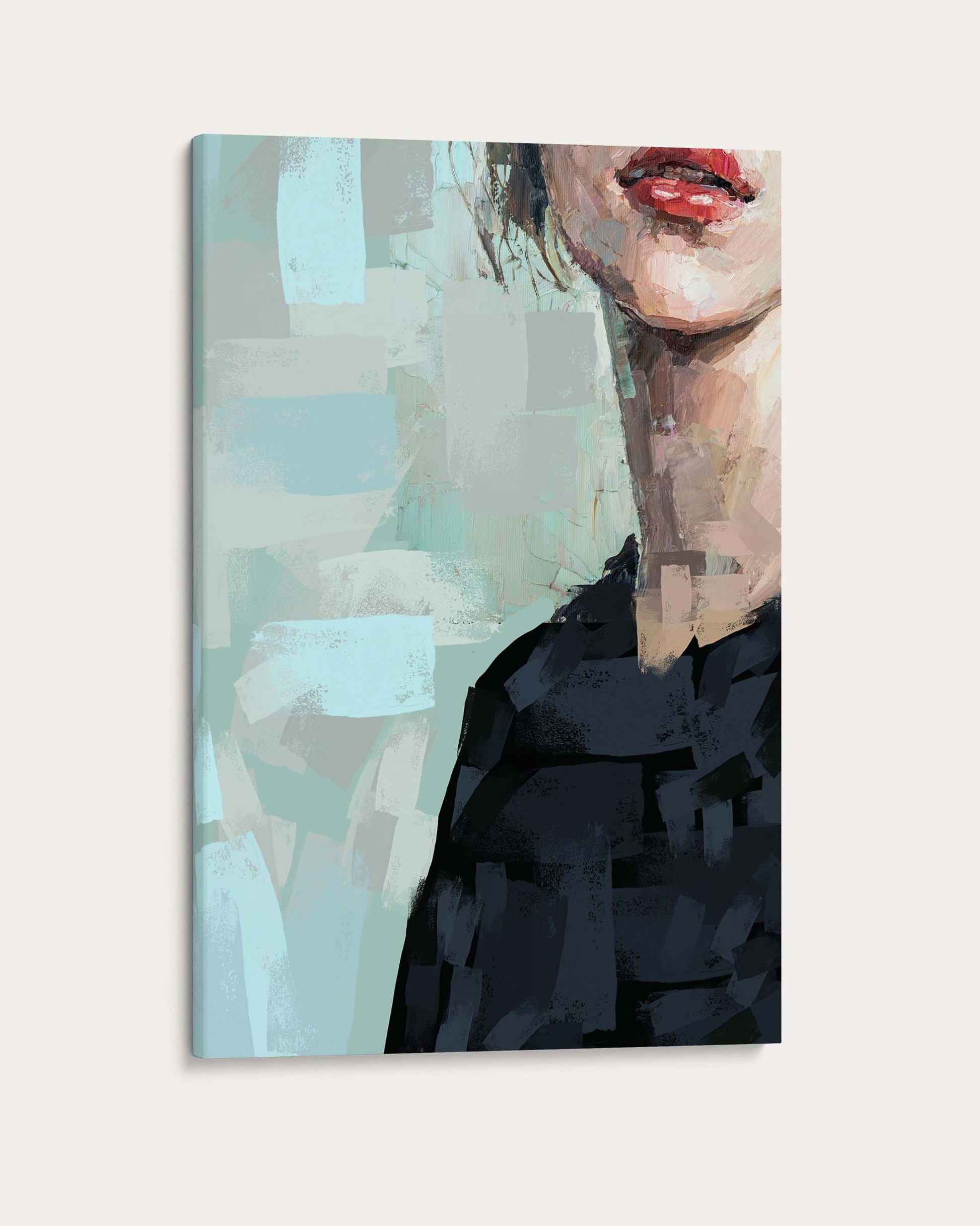 Abstract art print of a woman's face with red lips on a light gray background