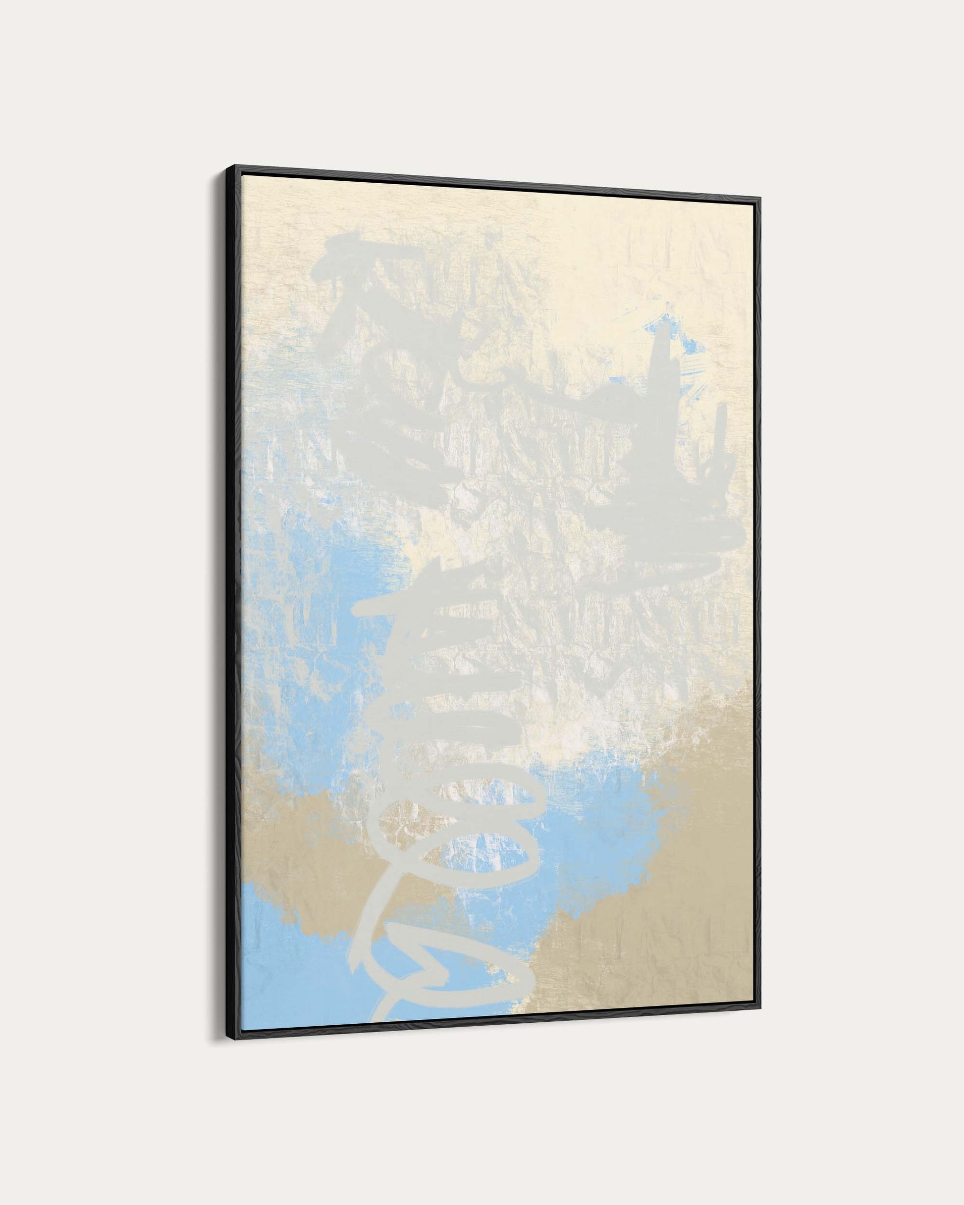 Framed abstract art with blue and beige tones on a light gray background