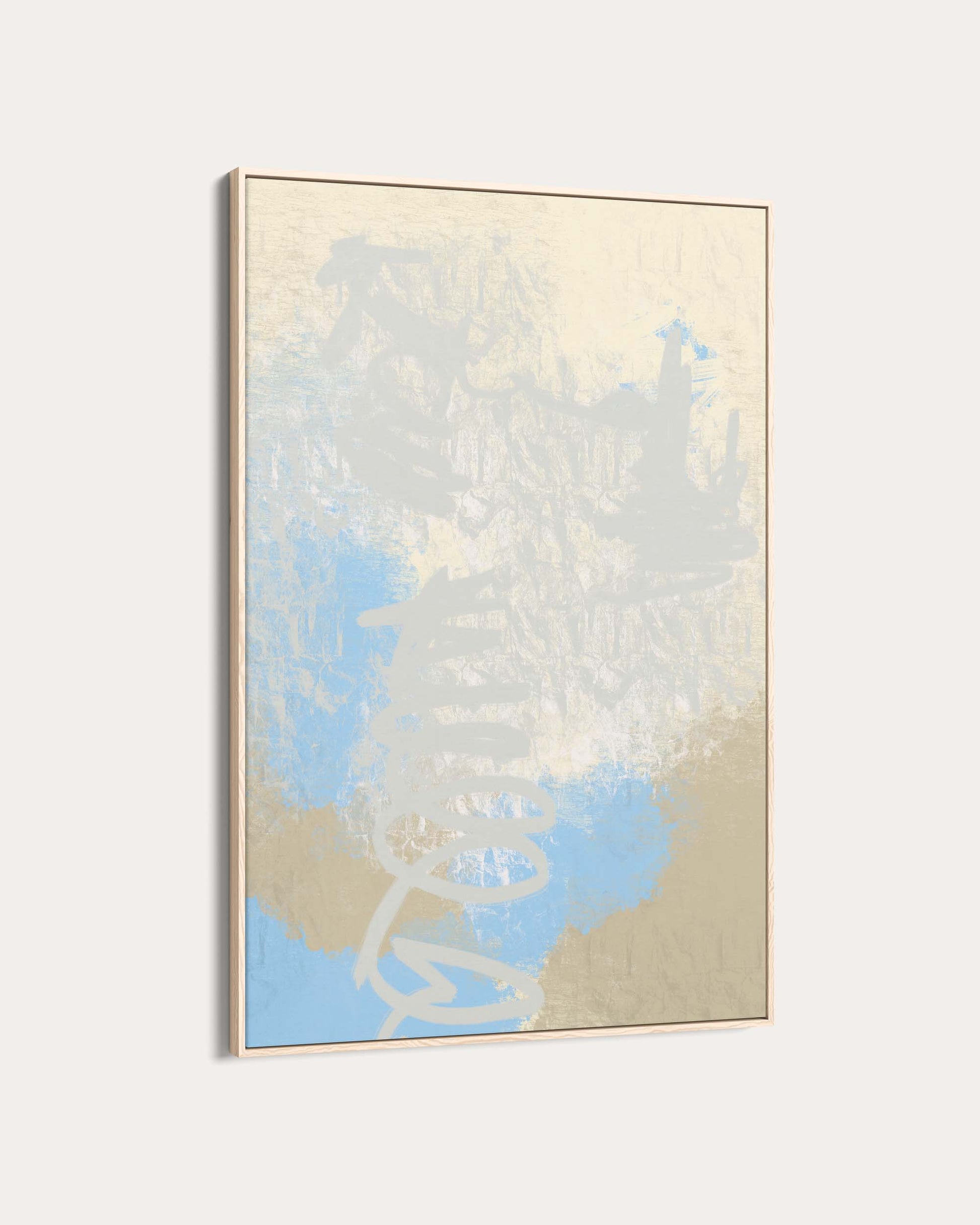 Abstract art piece with blue and beige colors on a white background