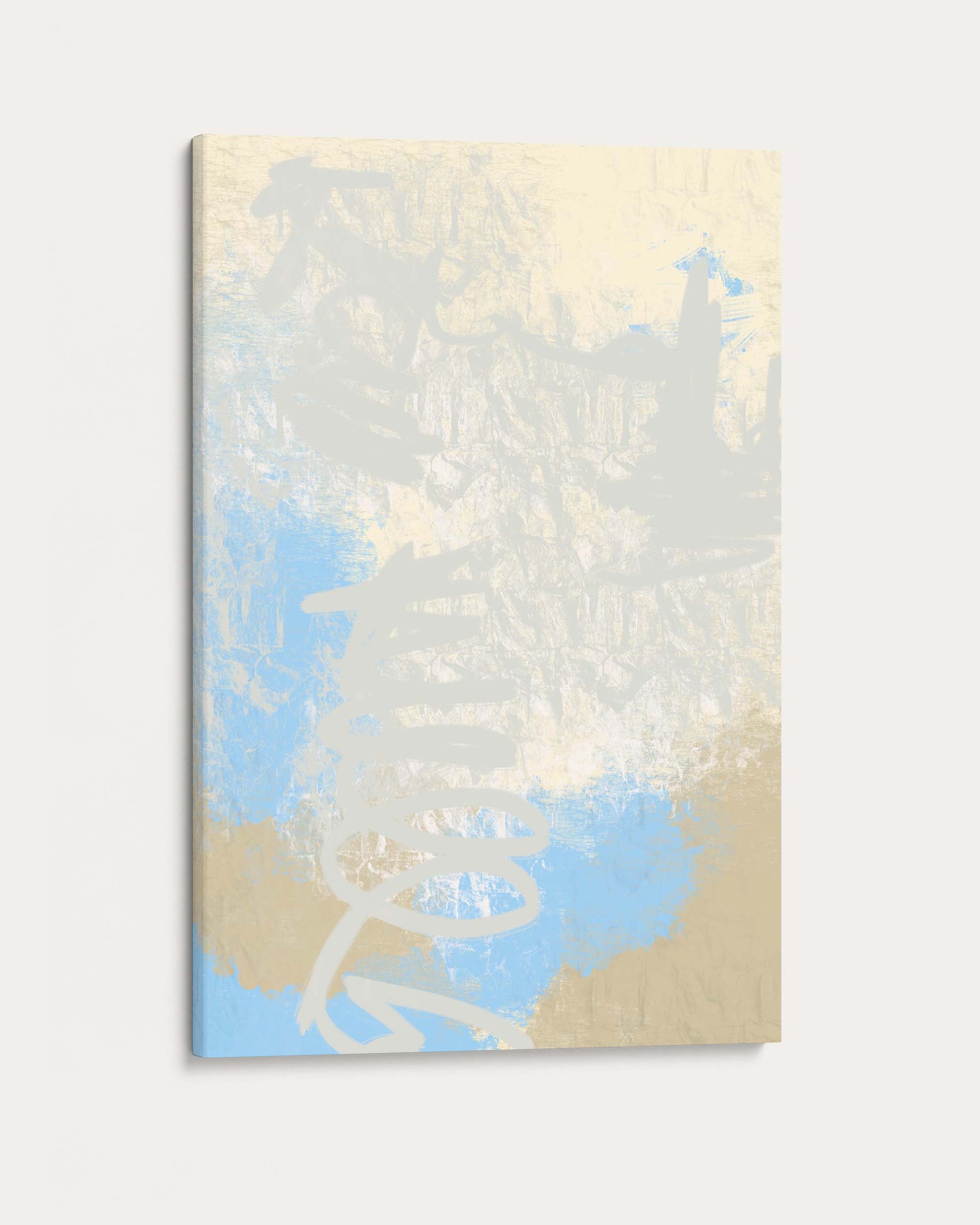 Abstract art print with white coral-like shapes on a beige and blue background