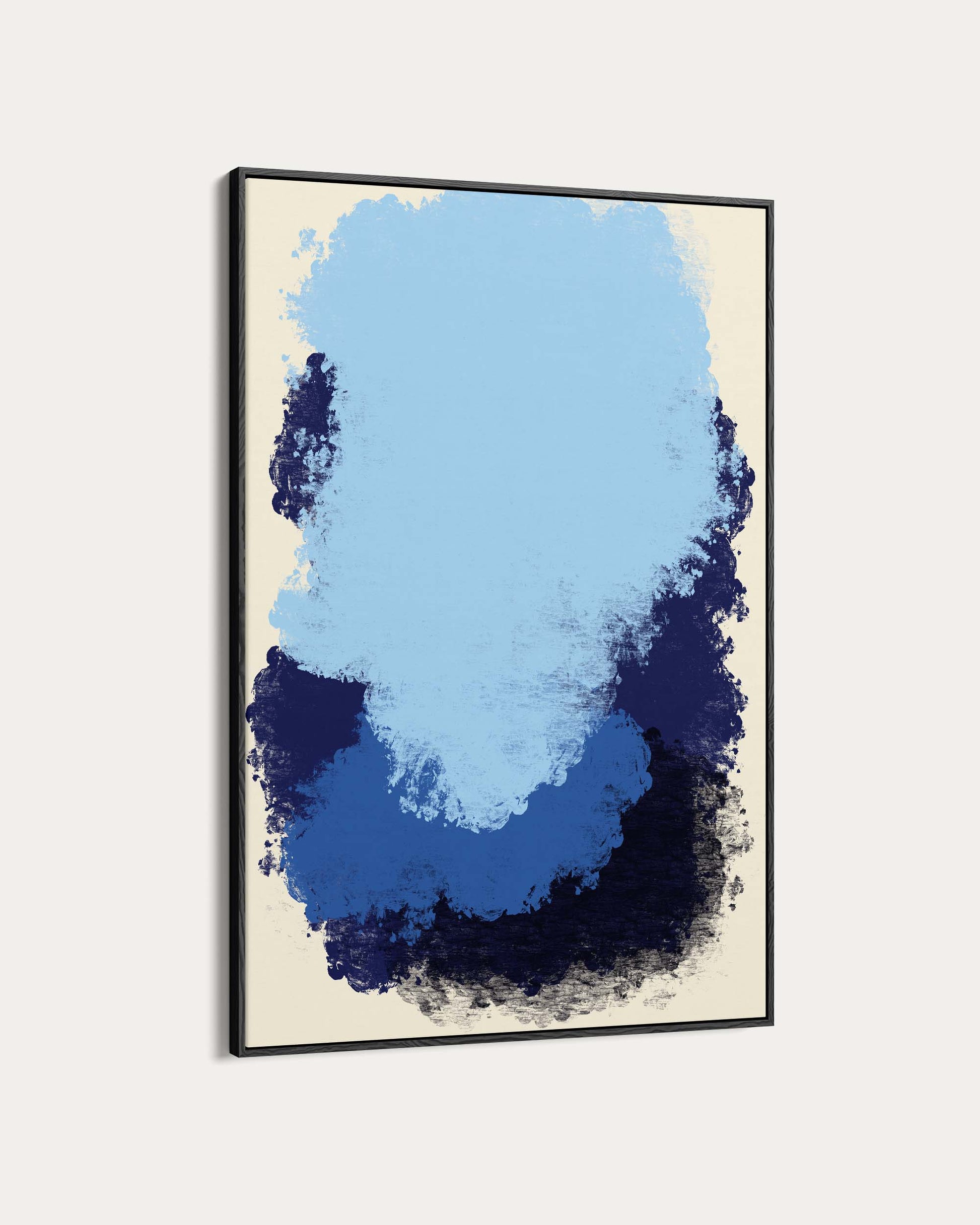 Abstract art print with blue and black abstract shapes on a beige background