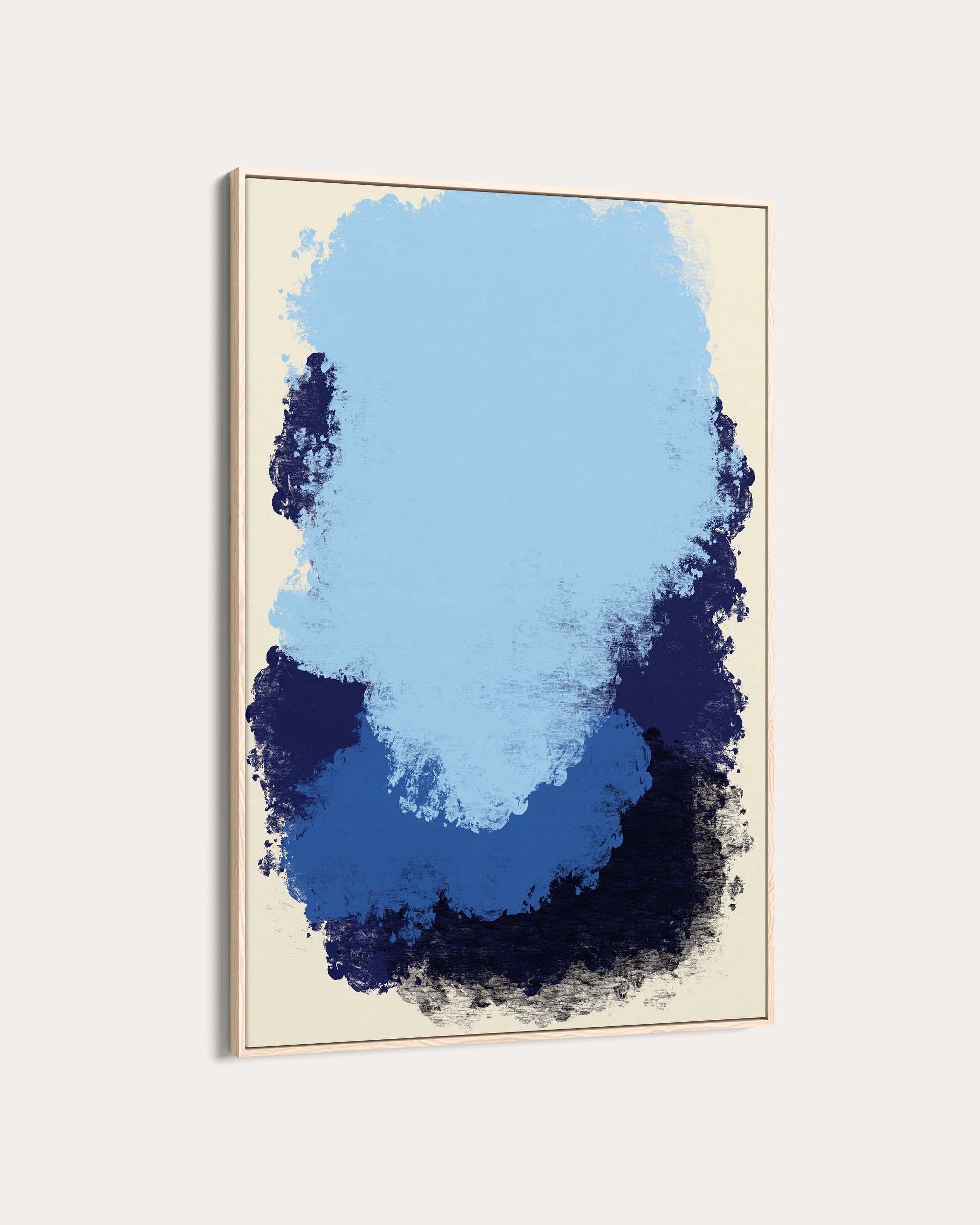 Abstract art print with blue and black abstract shapes on a beige background