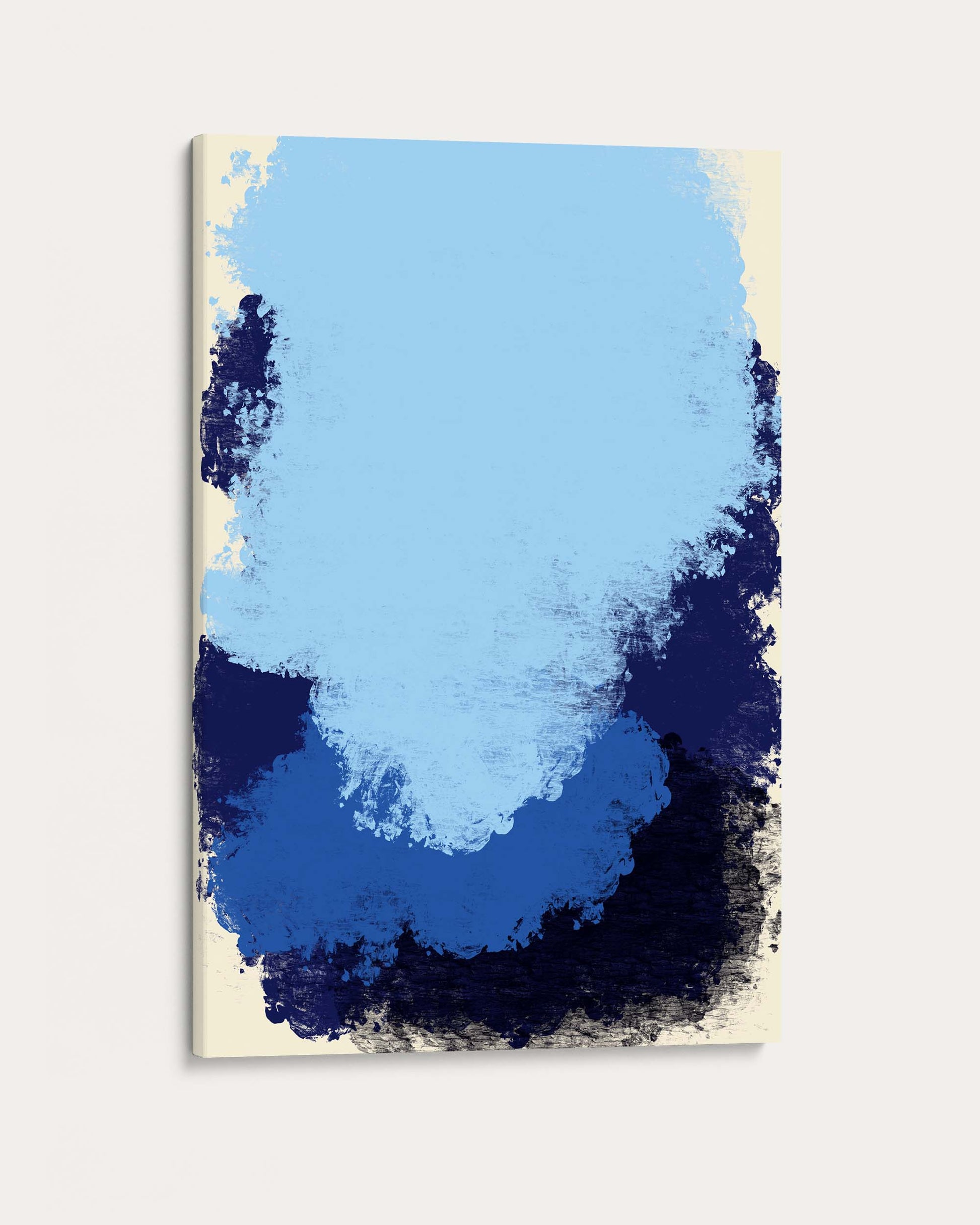 Abstract art piece with blue and black brush strokes on a beige background