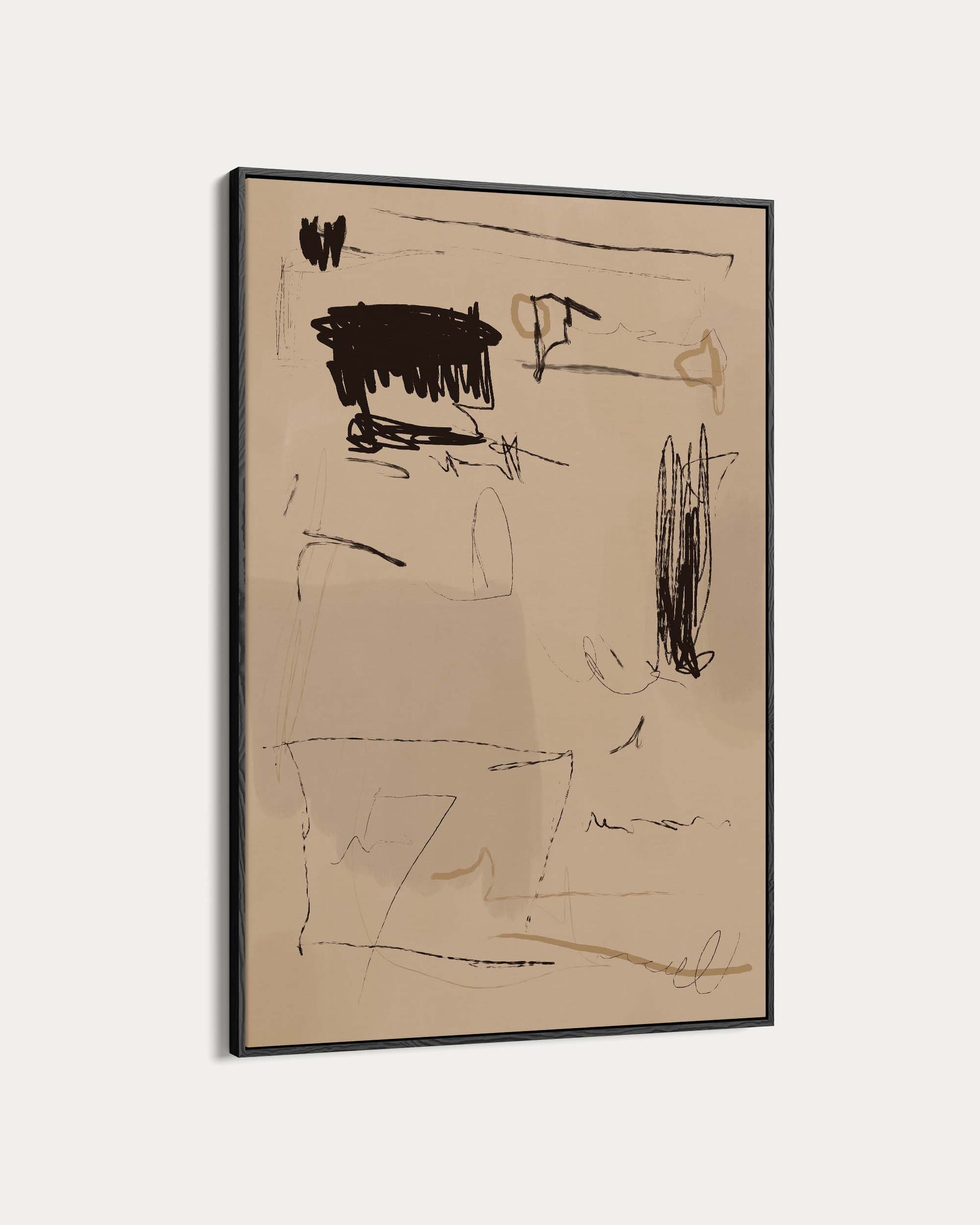 Abstract artwork on beige paper with black ink on a white background