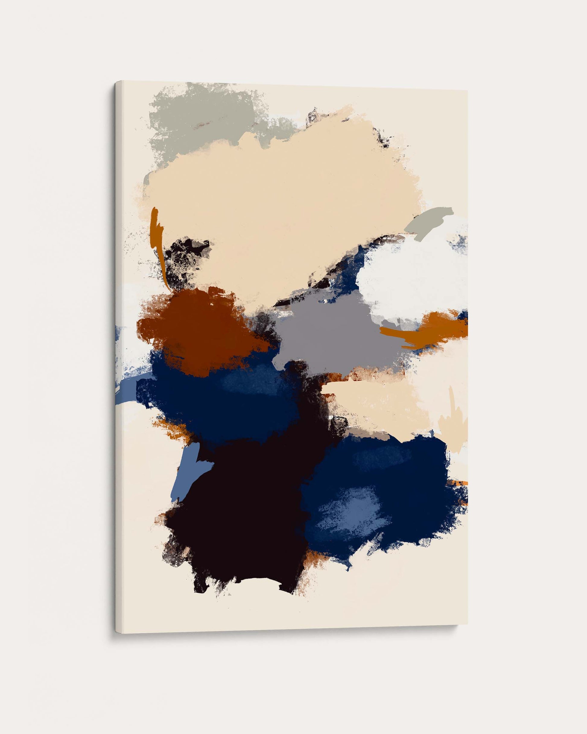 Abstract art print with splashes of blue, brown, and gray on a beige background