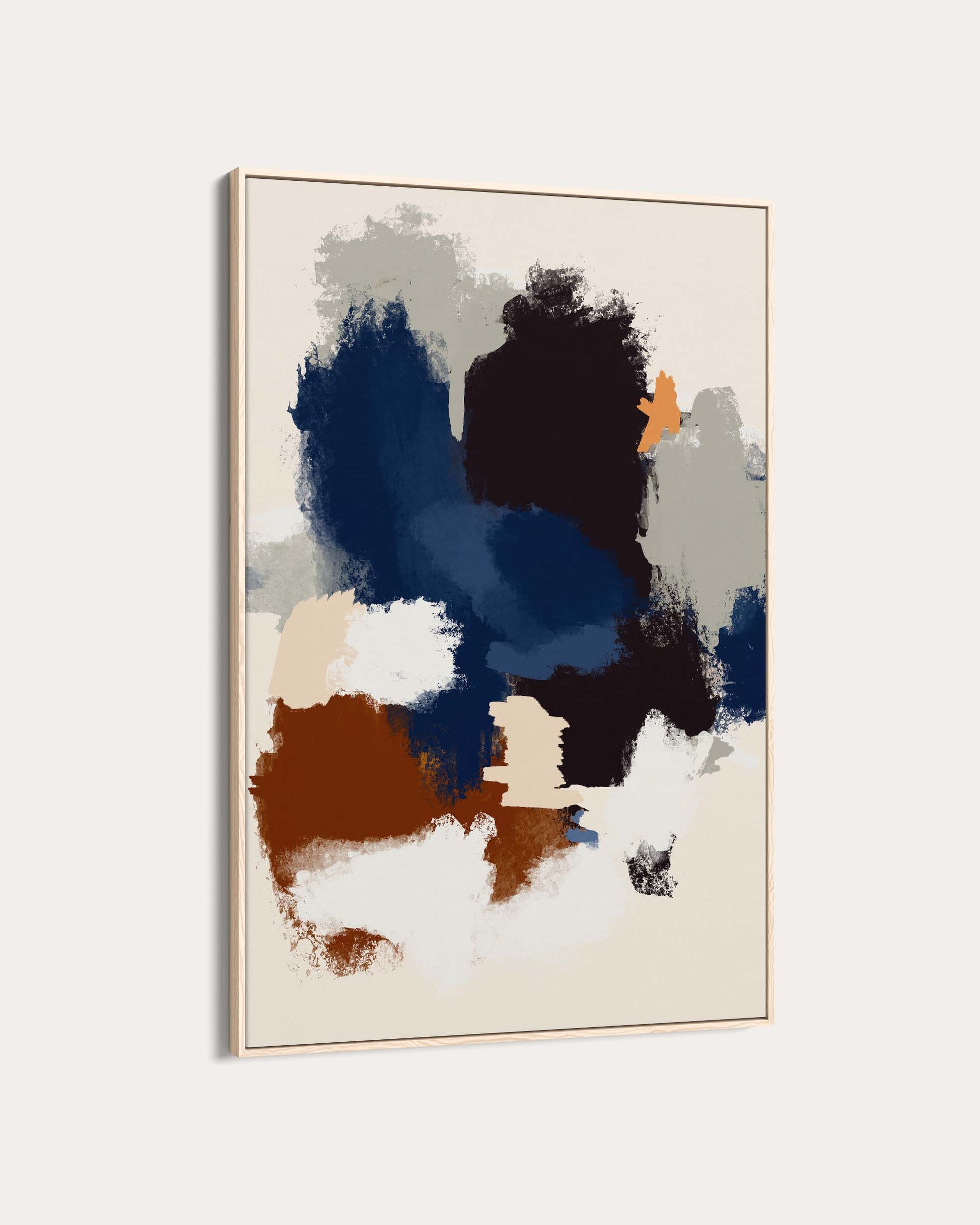 Abstract art print with blue, brown, and beige colors on a light gray background