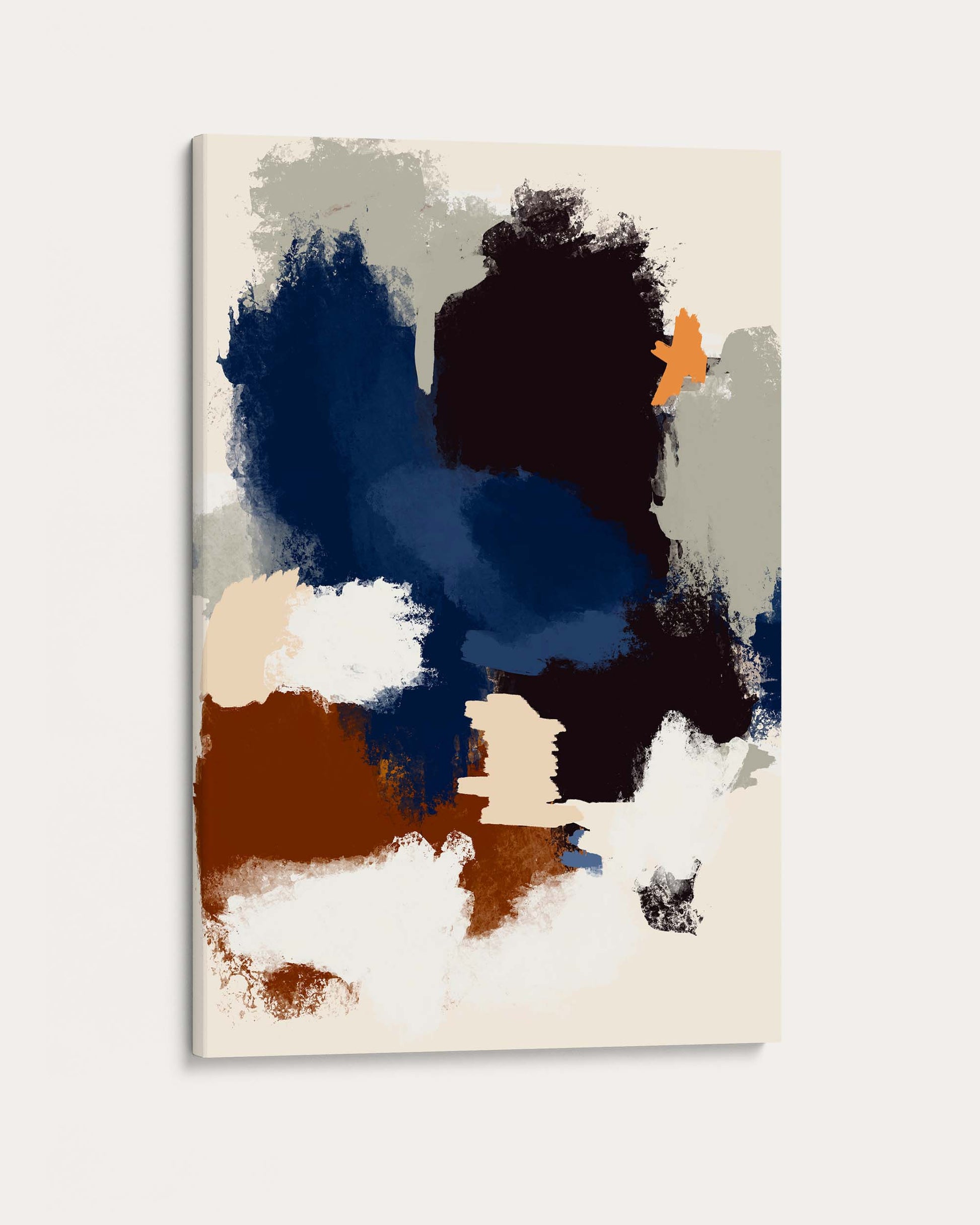 Abstract art print with blue, orange, and white abstract shapes on a beige background