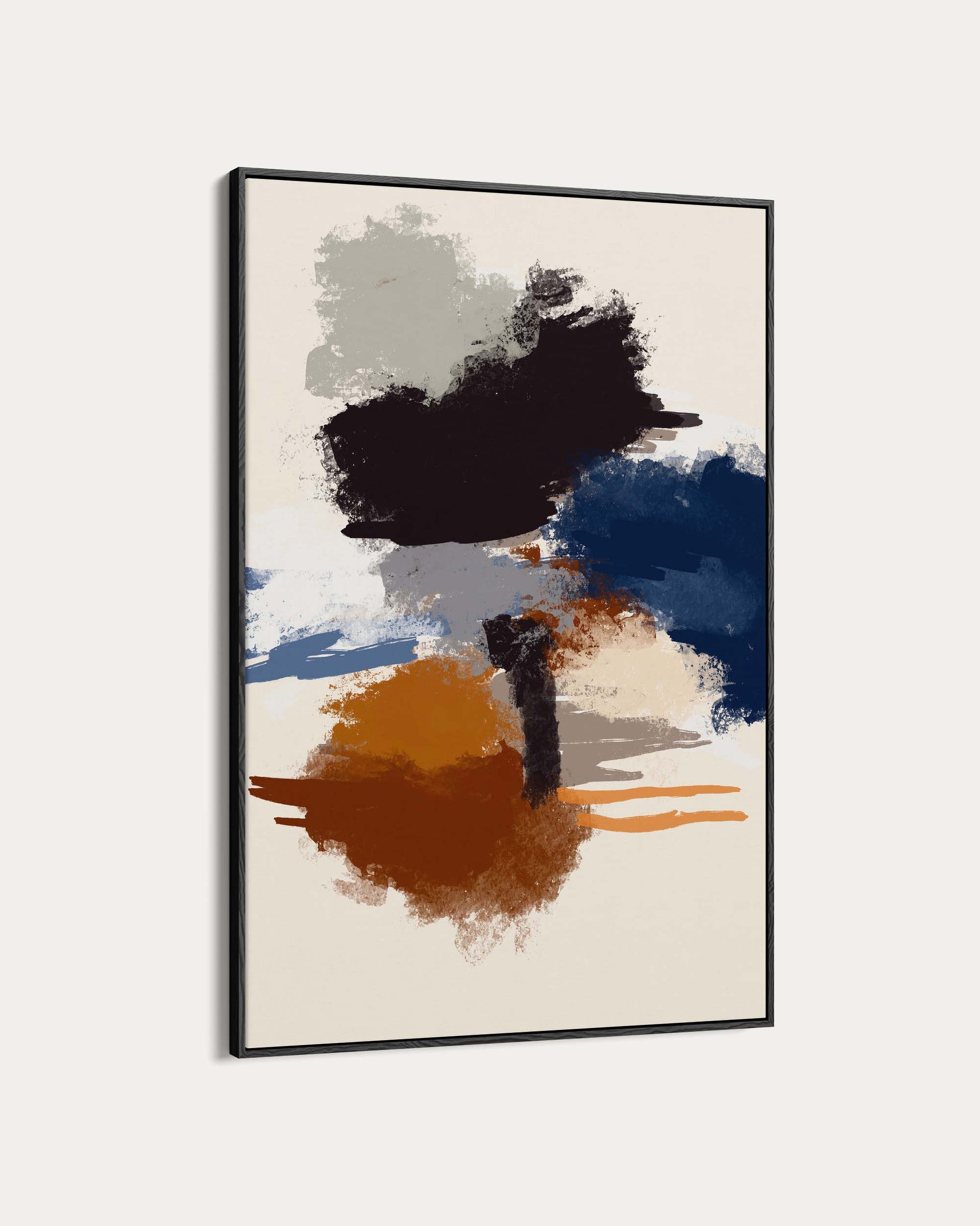 Abstract art print with black, blue, and orange abstract shapes on a beige background